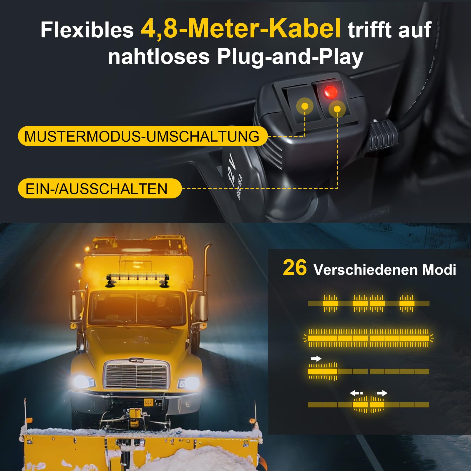 LED Warnbalken Rundumleuchte 12V 24V Magnet Gelb 71 cm | 4,8 m Kabel, 26 Modus-Speicher, Gummisaugfüße bis 120 km/h, für Traktor und Baufahrzeuge