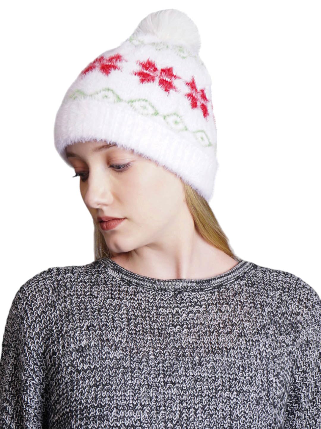 bharatasya Women's Faux Fur pom Knitted Cap Christmas Winter Cap Latest Winter Beanie Fashion for Women Trendy Woolen Cap Fluffy Elegant Breathable Beanie for Party Occasion Gift Women Girls Lady-picture-28