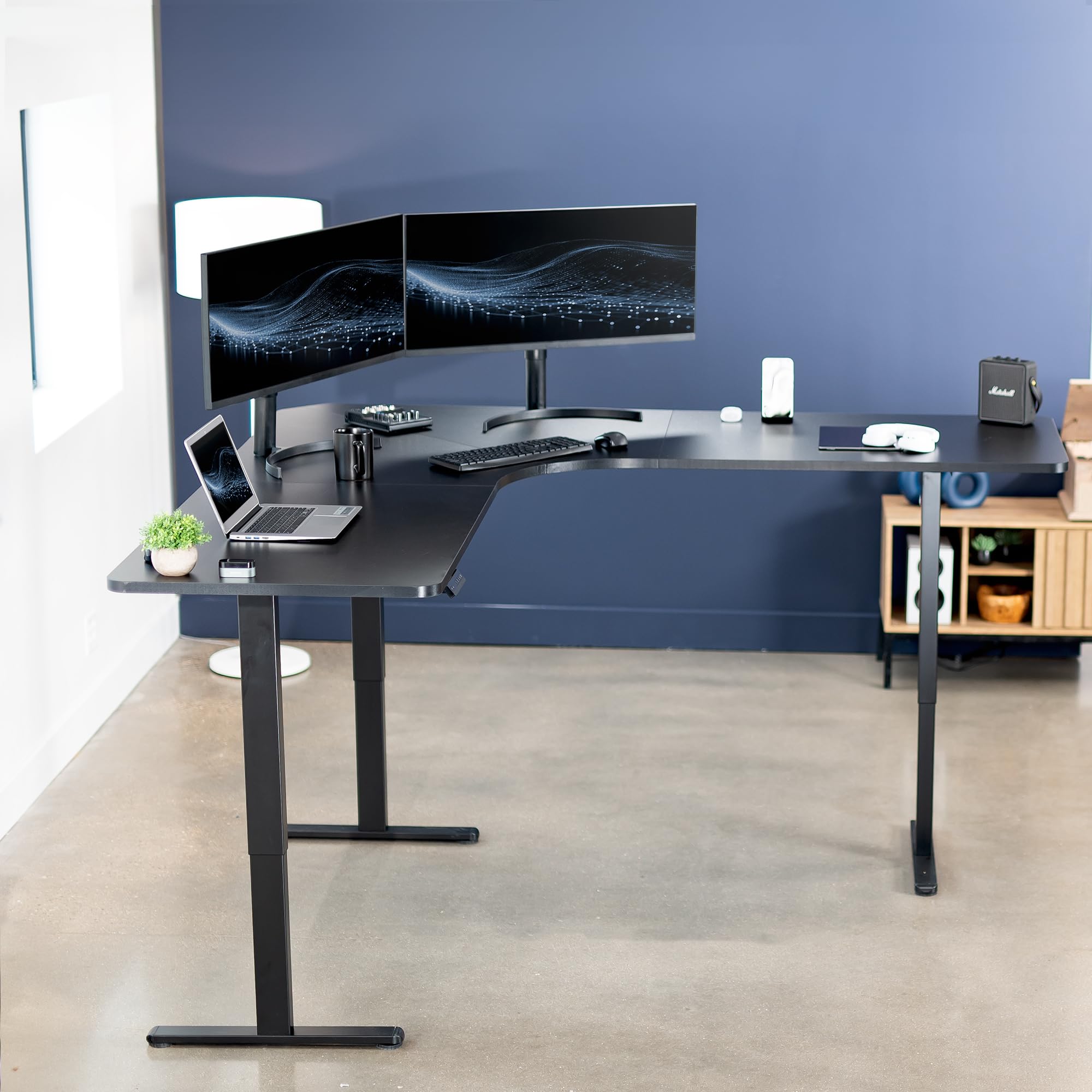 VIVO Electric Height Adjustable 83 x 83 inch Curved Corner Stand Up Desk Black Table Top Black Frame — view 8