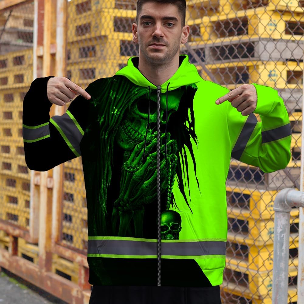 Maddly Hi Vis Reflective Zip Up Hoodie, High Visibility Safety Jacket with Skull Design for runner, worker, trucker, Cyclist