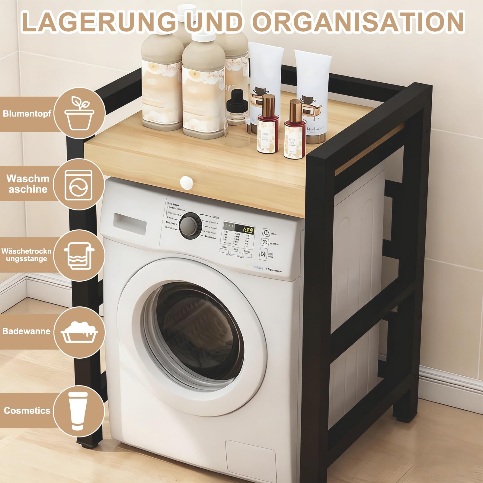 Lagerregal üBer Der Trommel Mit Stapelbaren Waschmaschine Und Trockner Racks-Portable WäScherei Racks bis Zu 300kg für üBer-Maschine Lagerung-mit Trocknungsstab (Schwarz)