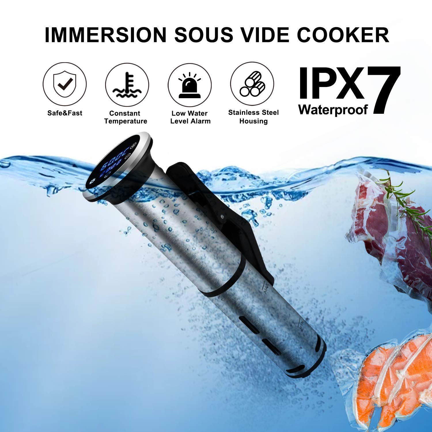 Cocina Sous Vide 1200W, IPX7 impermeable, pantalla táctil LED, control preciso de temperatura para una cocción perfecta, fácil de usar, diseño de acero inoxidable