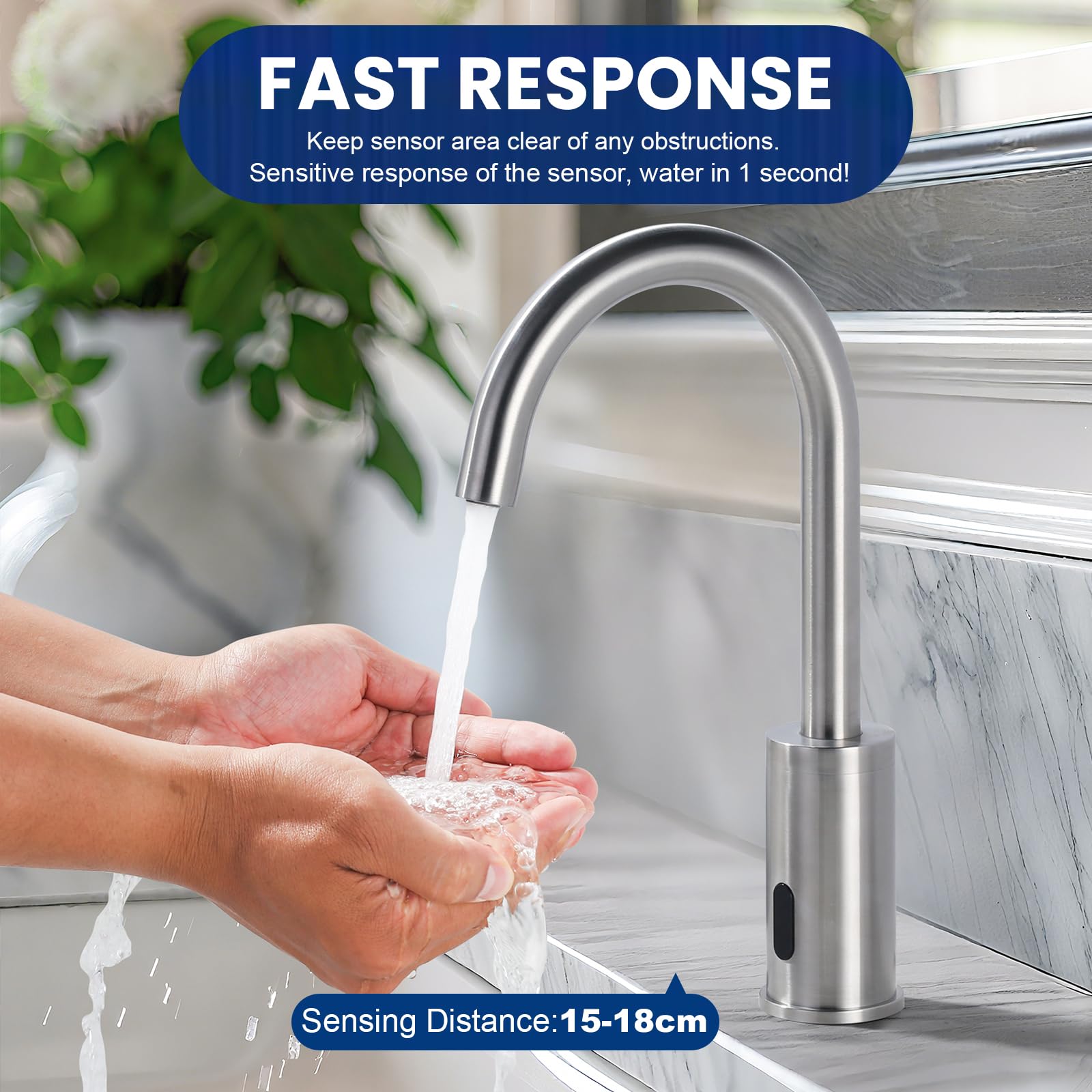 Robinet de Lavabo Sans Contact Automatique à Capteur pour Salle de Bain, Nickel Brossé