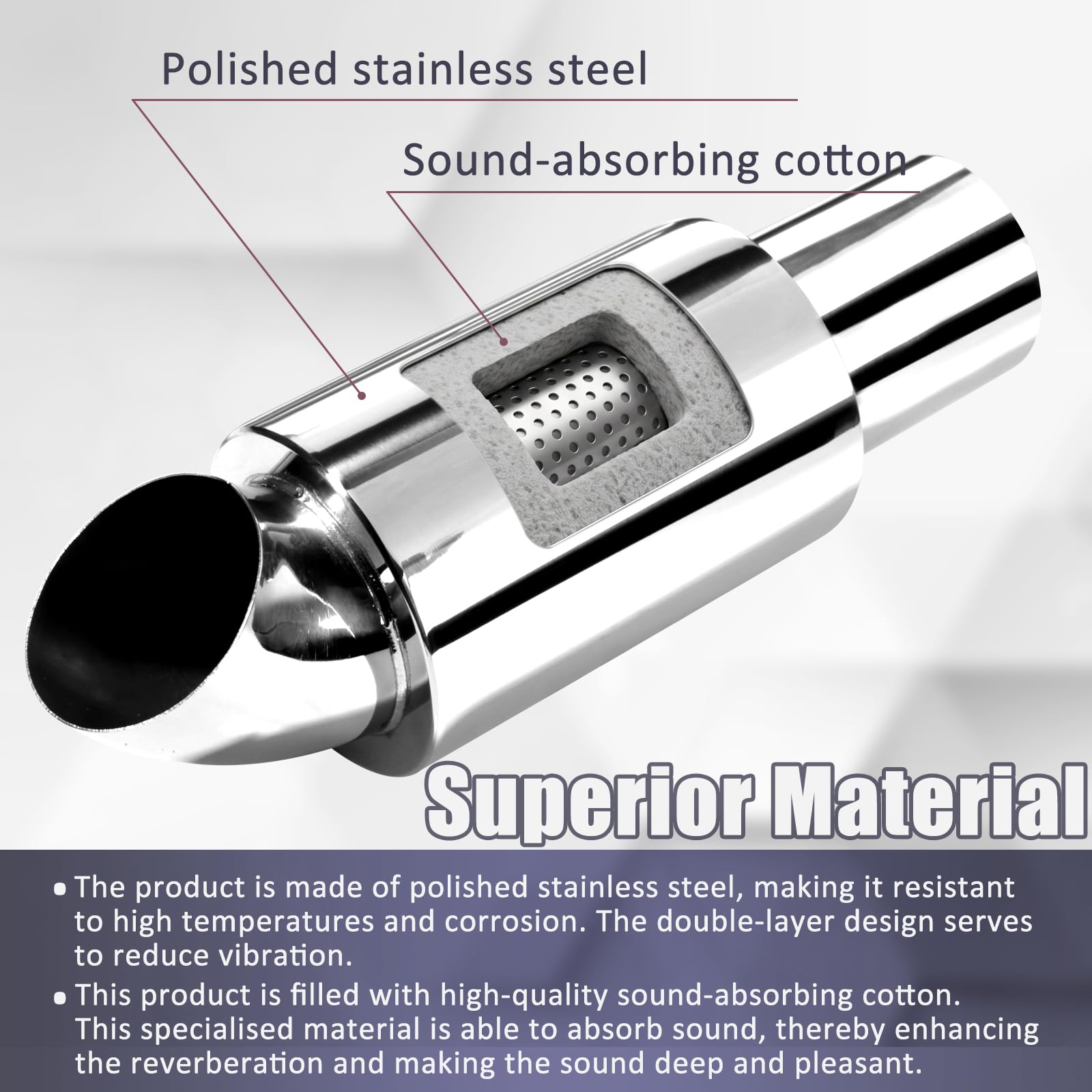 Catekro Silenziatore di scarico ingresso 63mm, Silenziatore finale in acciaio inossidabile Scarico sportivo ingresso 2,5" uscita 2,5" Silenziatore finale di scarico da 11 pollici Risonatore Ricambio