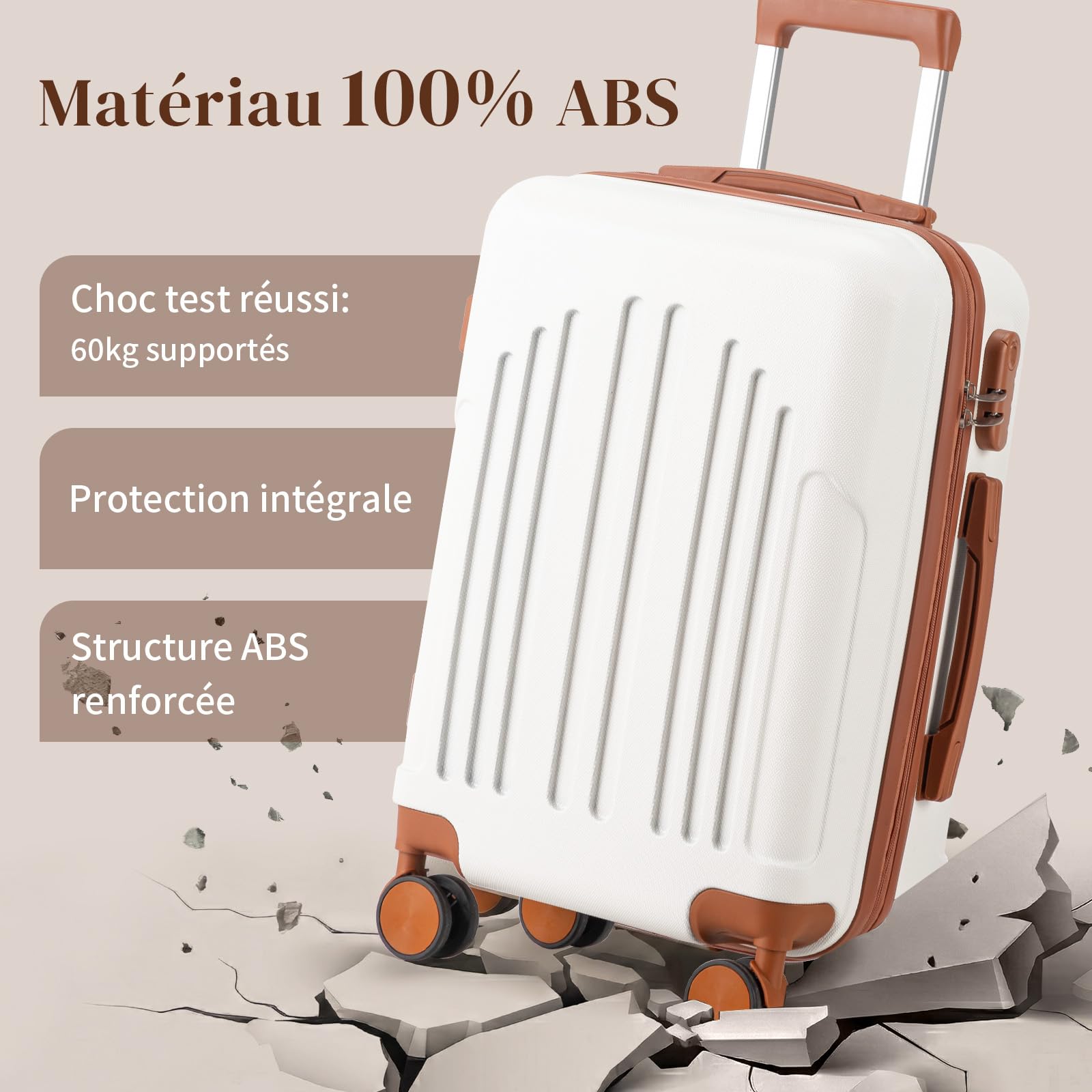 LEADZM Set de 4 Valises de Voyage, Valise Grande Taille & Cabine, Valise Soute Ridide en ABS, Bagages Cabine avec roulettes Pivotantes 360° et Cadenas (Beige-Brun)