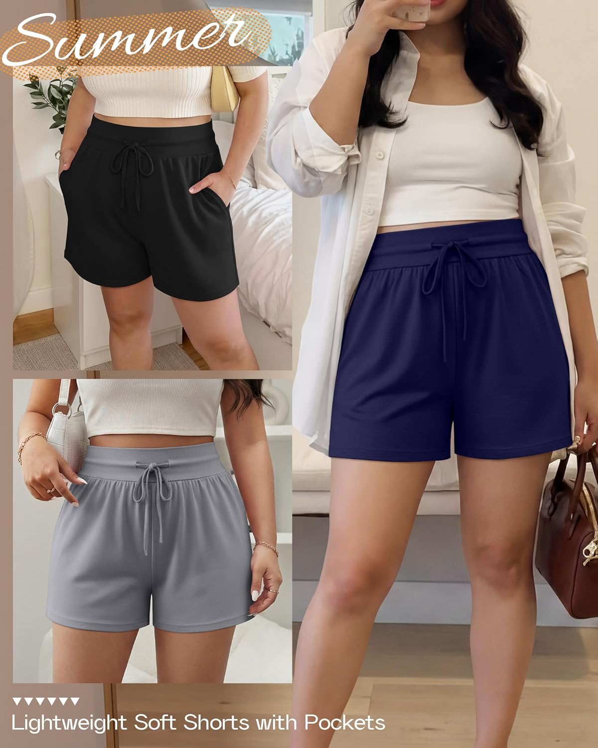 Neer 3 Pack Women's Plus Size Sweat Shorts, Drawstring Lounge Shorts Casual Summer Lightweight Soft Shorts with Pockets - Image 4