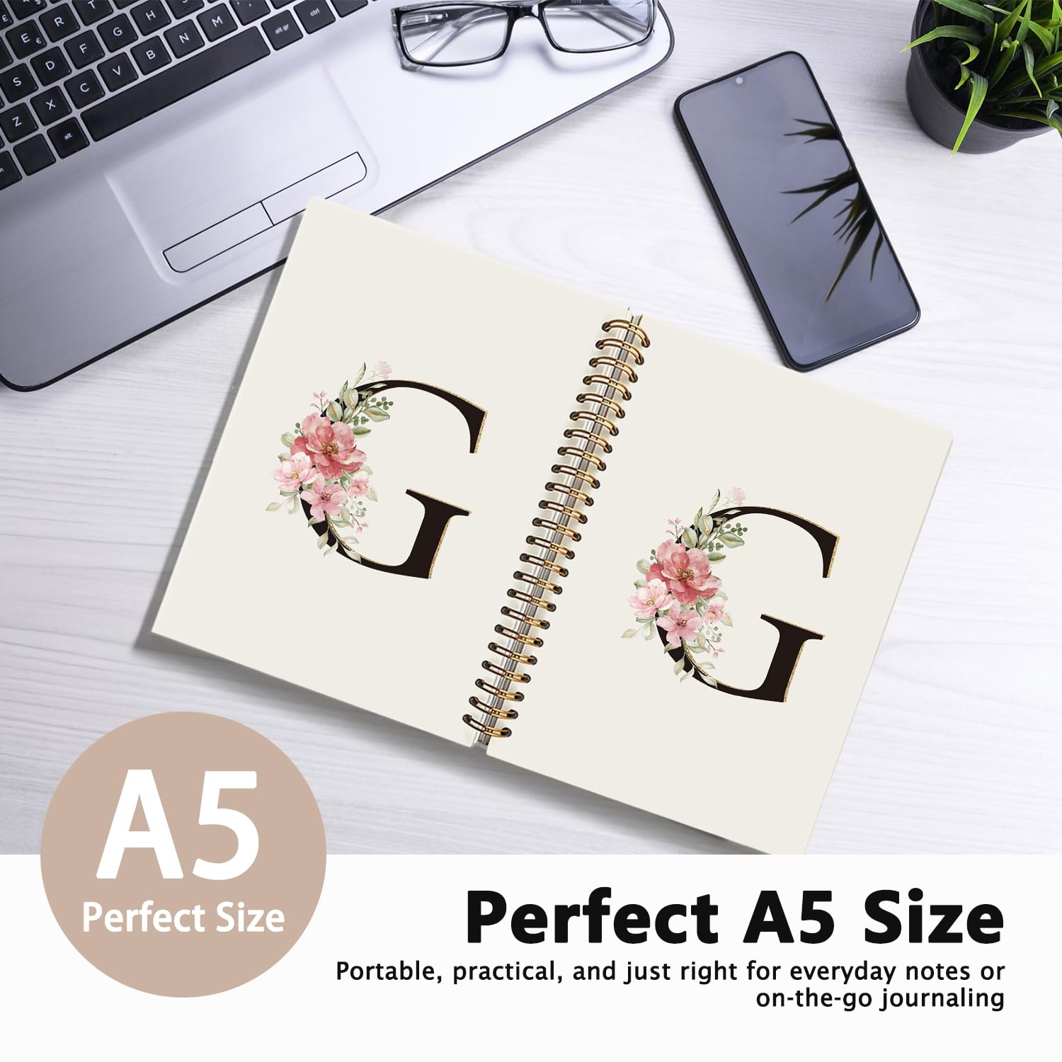 Cuaderno de letra G con inicial G, cuaderno personalizado con monograma de flores rosadas y doradas, regalos para mujeres, cuaderno en espiral personalizado, 5.5 x 8.3 pulgadas