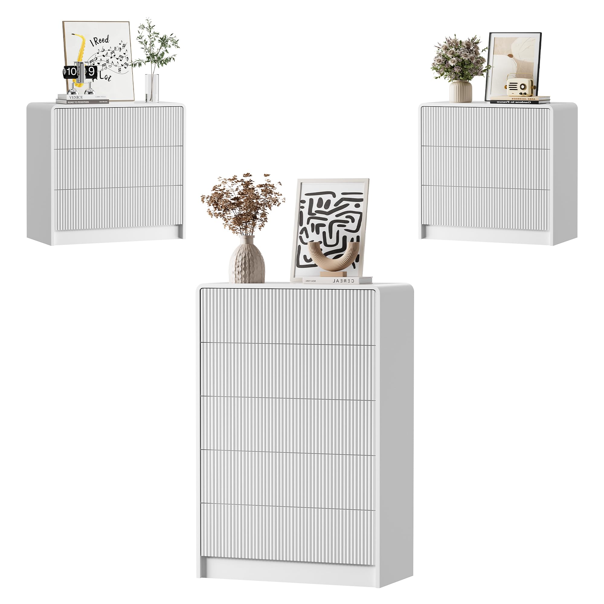 Furniway Bedroom Dresser Set 3 Piece, 5 Drawer Curved Dresser with 2 Nightstands, Modern Fluted Wood Storage Cabinet, White Chest of Drawers with Pop-Up Design, White
