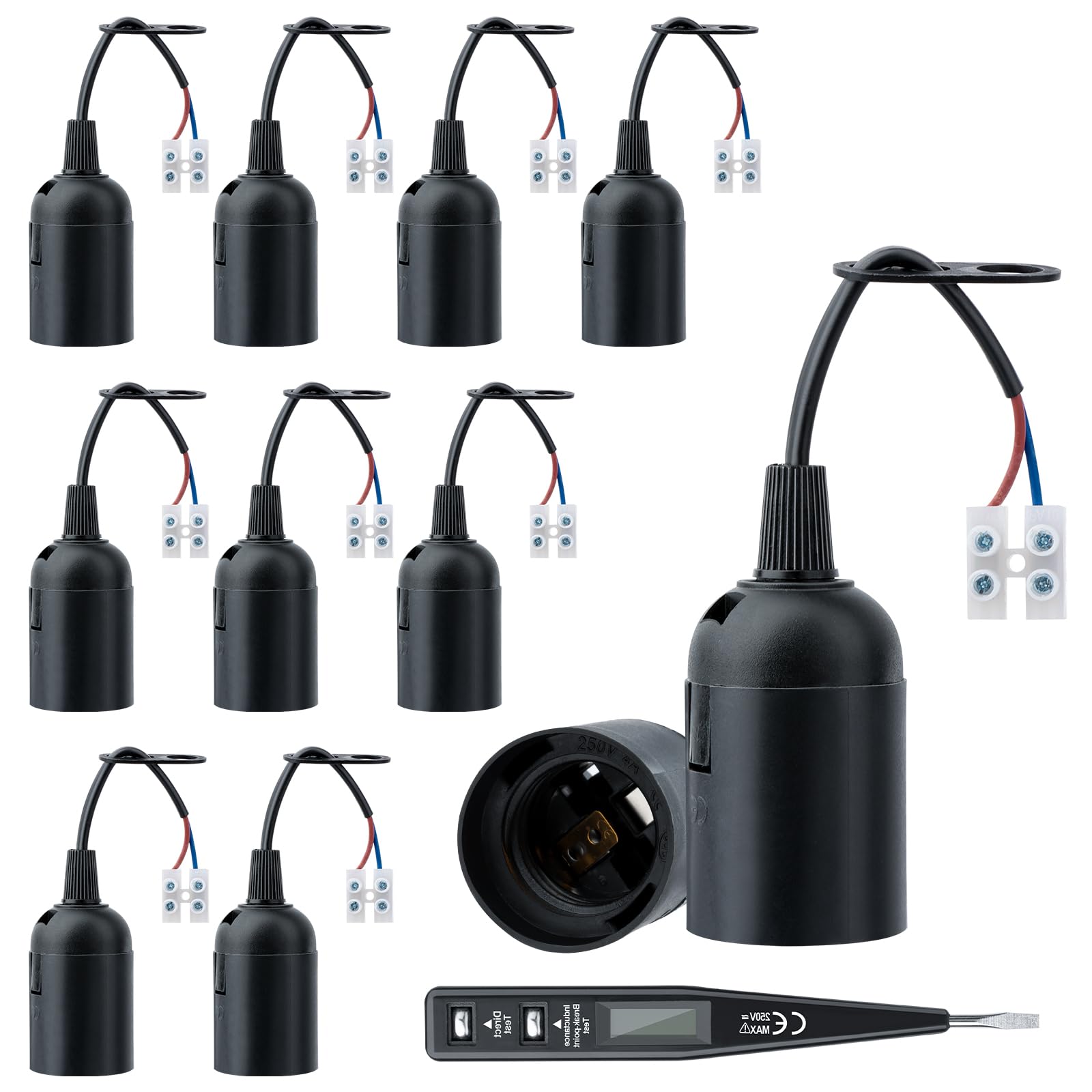 10 Piezas Casquillos E27 Adaptador de Bombillas E27, E27 Soporte de Lámpara Convertidor, Bases de lámpara E27 con cable y terminal Probador de voltaje, E27 Para Bombillas e27 Lámpara Convertidor
