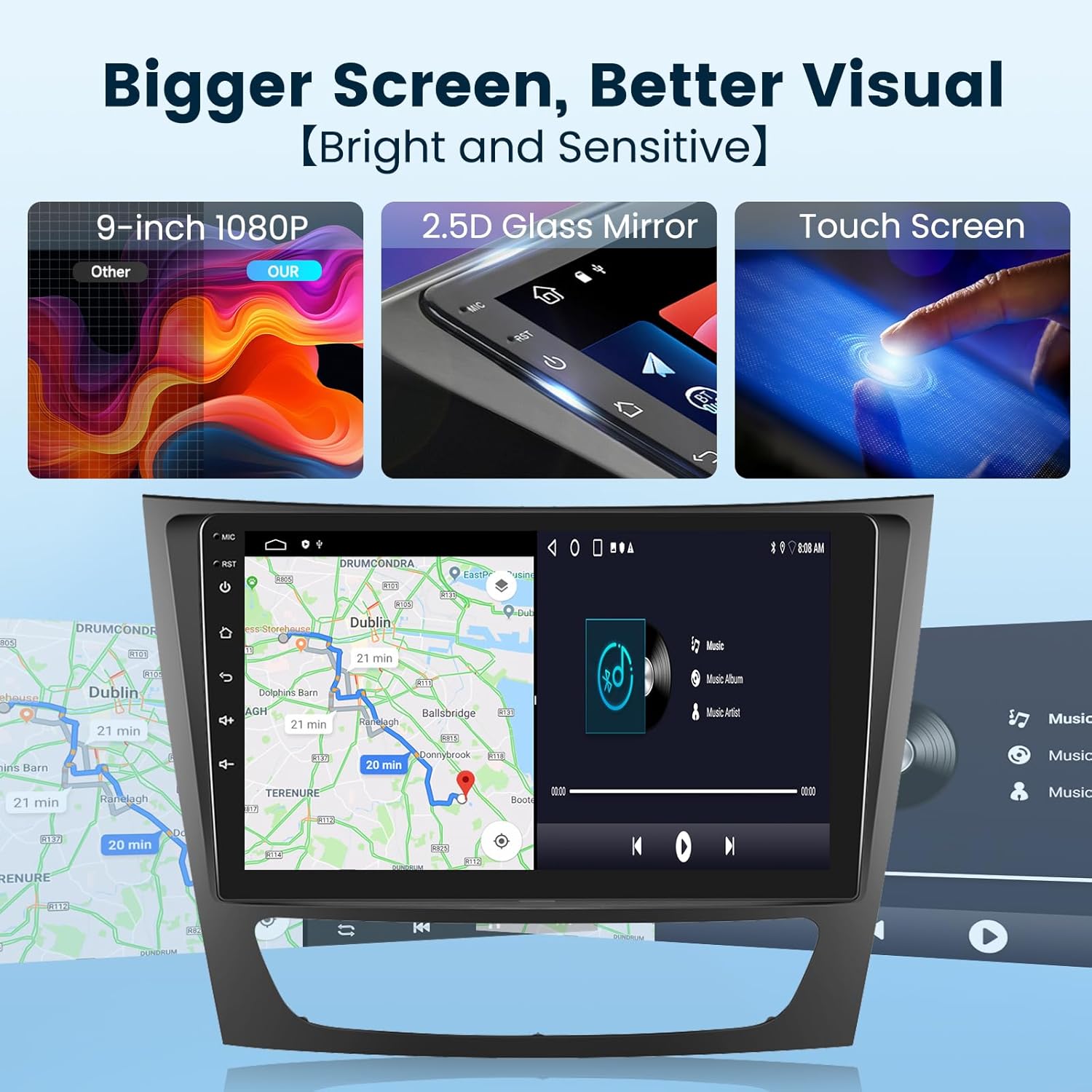 Image highlighting the 9-inch 1080P display, 2.5D glass mirror, and touch screen functionality of the car stereo.
