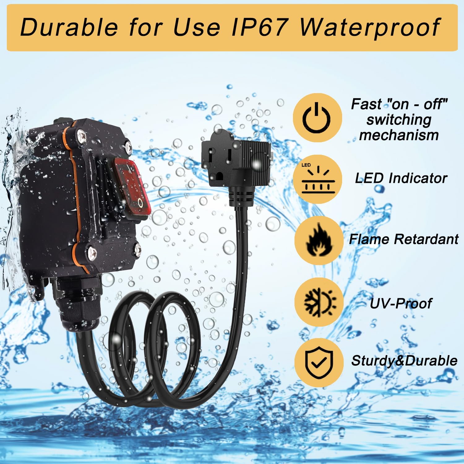 Interruptor de cable en línea con cable 14AWG de 6 pies (3 puntas), cable de extensión impermeable IP67 con interruptor de encendido/apagado, AC/DC 20A-125V, interruptor de alimentación en