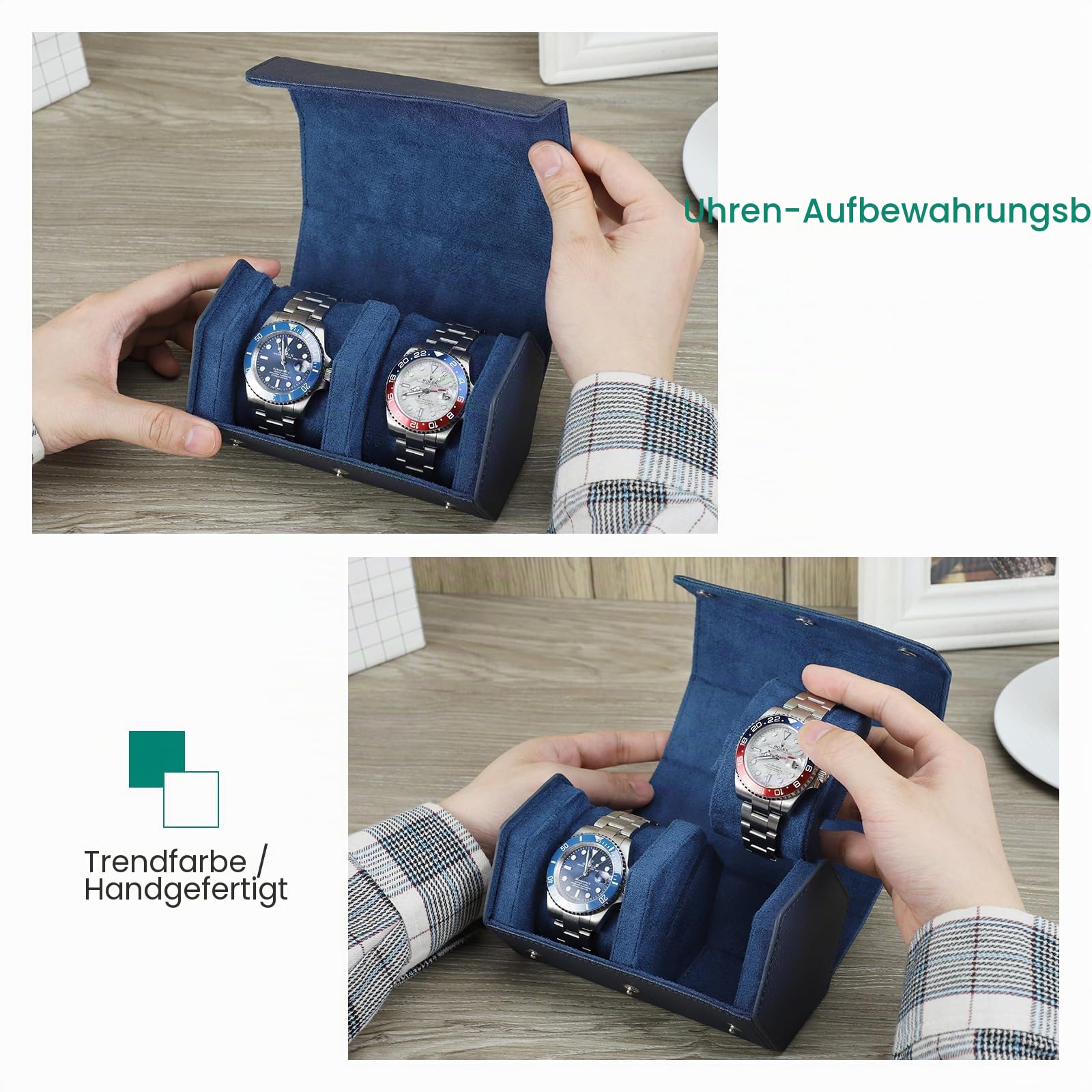 Hiram Hexagon Uhren-Reiseetui aus echtem Leder 2 Uhrenrollen-Etui Uhren Aufbewahrungsbox Schutz-Organizer für Armbanduhren (Blau)