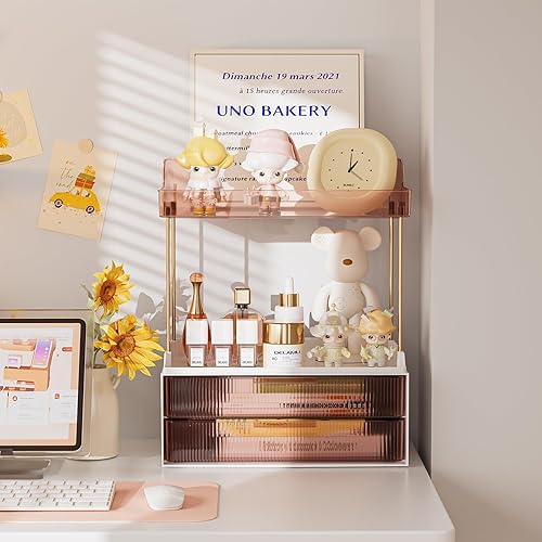 Vista 56 de Delamu Organizador y almacenamiento de baño, 2 niveles y 2 cajones, organizador de maquillaje, fácil de instalar, ideal para encimera de baño