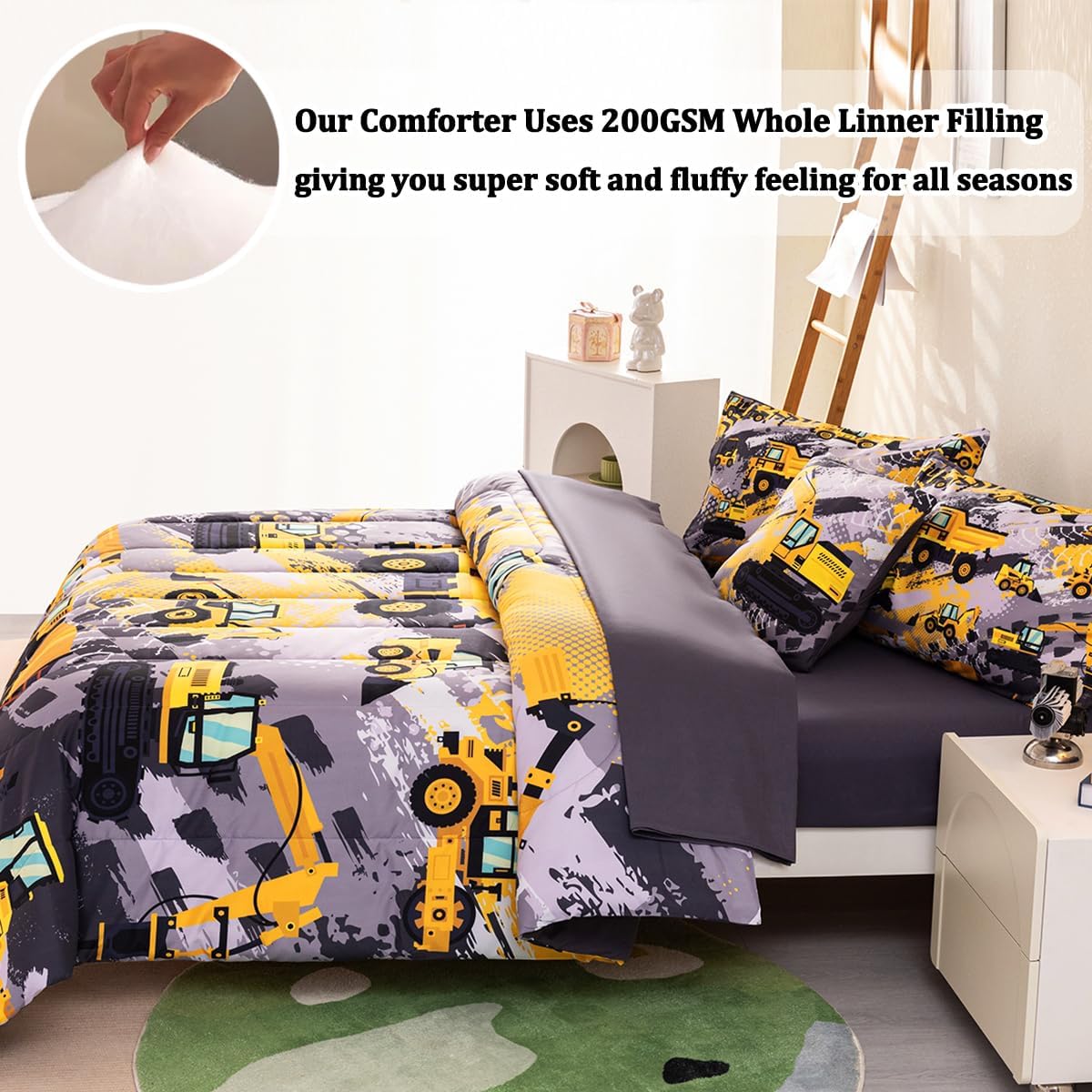 6 Pcs Twin Bedding Set for Boys, Kids Construction Truck Comforter Sets with Sheets, Excavator Truck Twin Boys Bedding Sets - Image 8