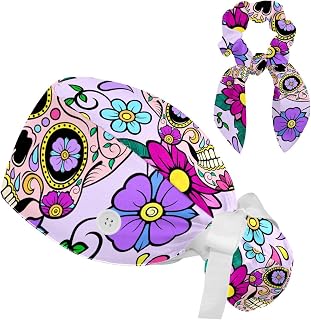 FVQL 2 Pieces Surgical Cap for Long Hair Scrub Cap with Hairband Nurse Cap, Skulls and Flower Leaf Colorful