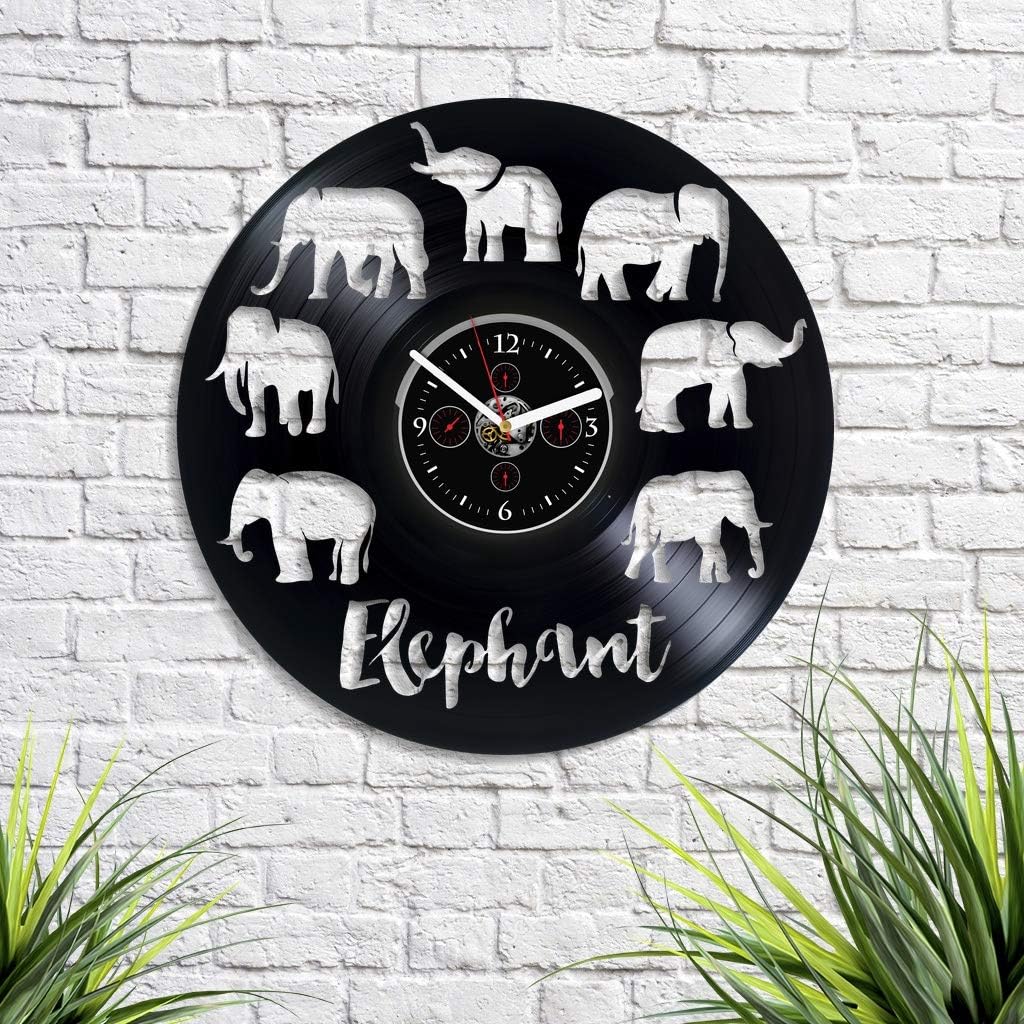Elephant Wall Clock 12 Inch Vinyl Record Clock, Black, Quartz Movement, Battery Not Included
