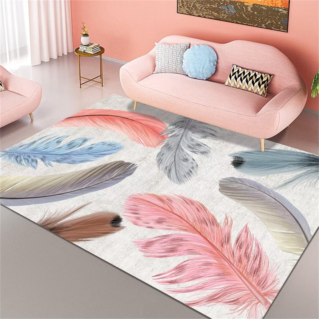 Tapis 70x140cm gris paillasson entree plumes roses chambre salon