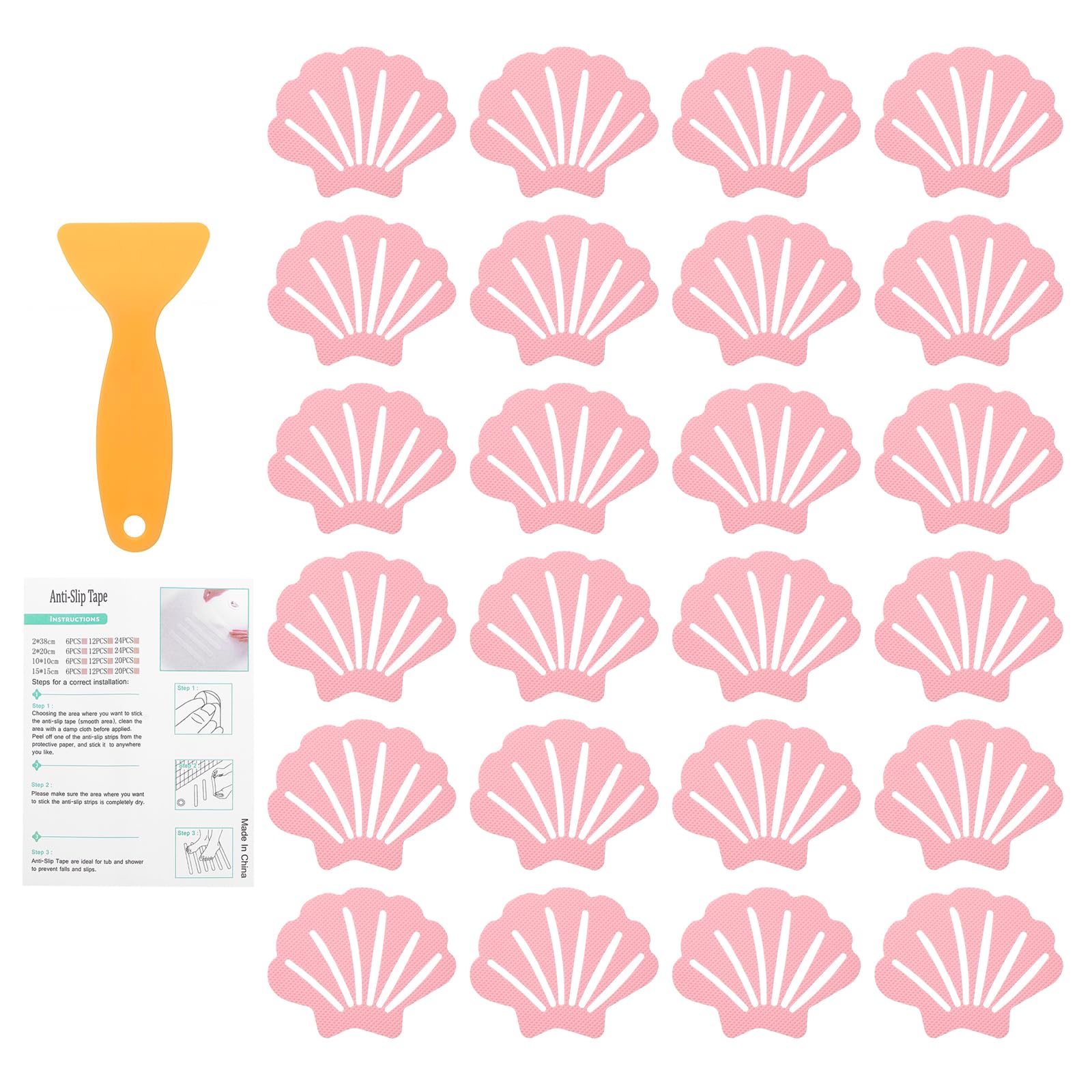 uxcell 24Pcs Non-Slip Bathtub Stickers, 9x7 cm Shell Shape Shower Floor Non Slip Stickers with Scraper for Bathroom Shower Stairs Ladders, Pink