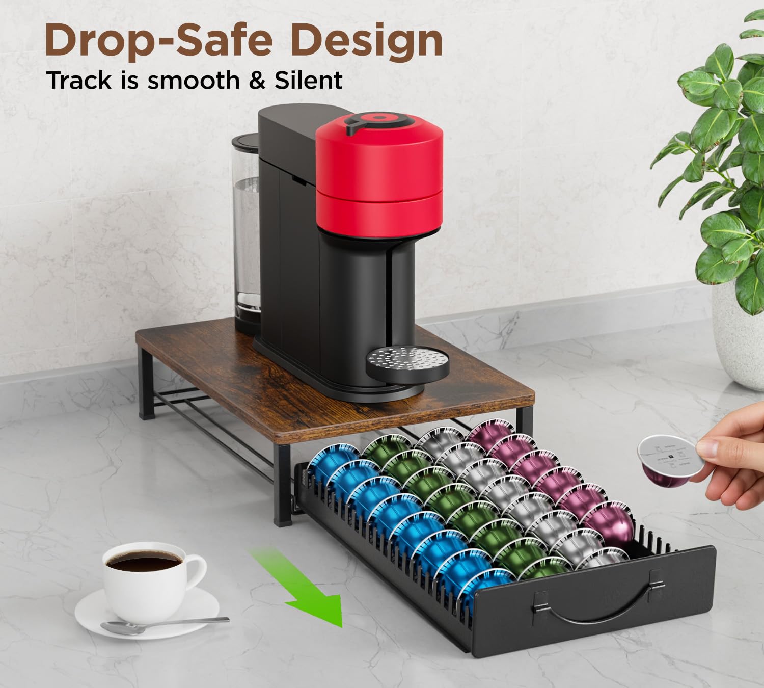 Wielofunkcyjny uchwyt na kapsułki do kawy Nespresso Vertuo 48–24 kapsułki i 32 kapsułki Dolce Gusto, mała szuflada do przechowywania kapsułek Vertuoline z drewnianym blatem, vintage antypoślizgowy