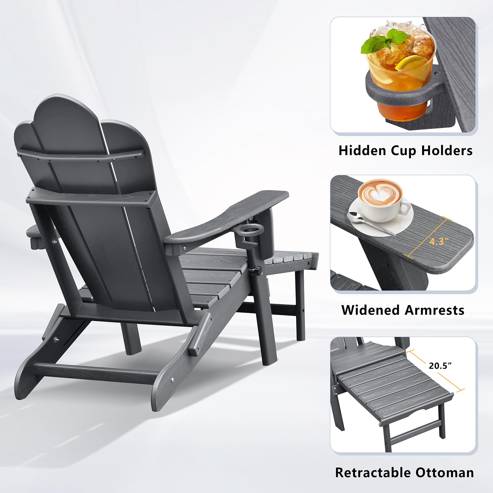 Silla Adirondack ajustable plegable con otomana extensible, silla de jardín con reposapiés extensible, HDPE tumbona para exteriores Adirondack Chair con soporte para tazas