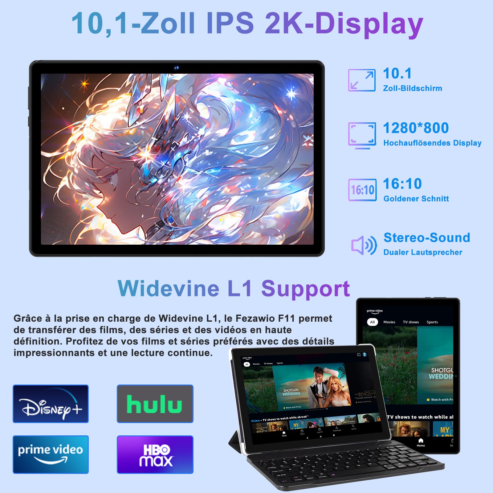 fezawio Tablet 10 Pollici Android 15, 20GB RAM+128 ROM, Widevine L1, Nero | con Tastiera, Mouse e Custodia, Octa-Core, WiFi 5G, BT5.0, 8MP+5MP, 6000mAh