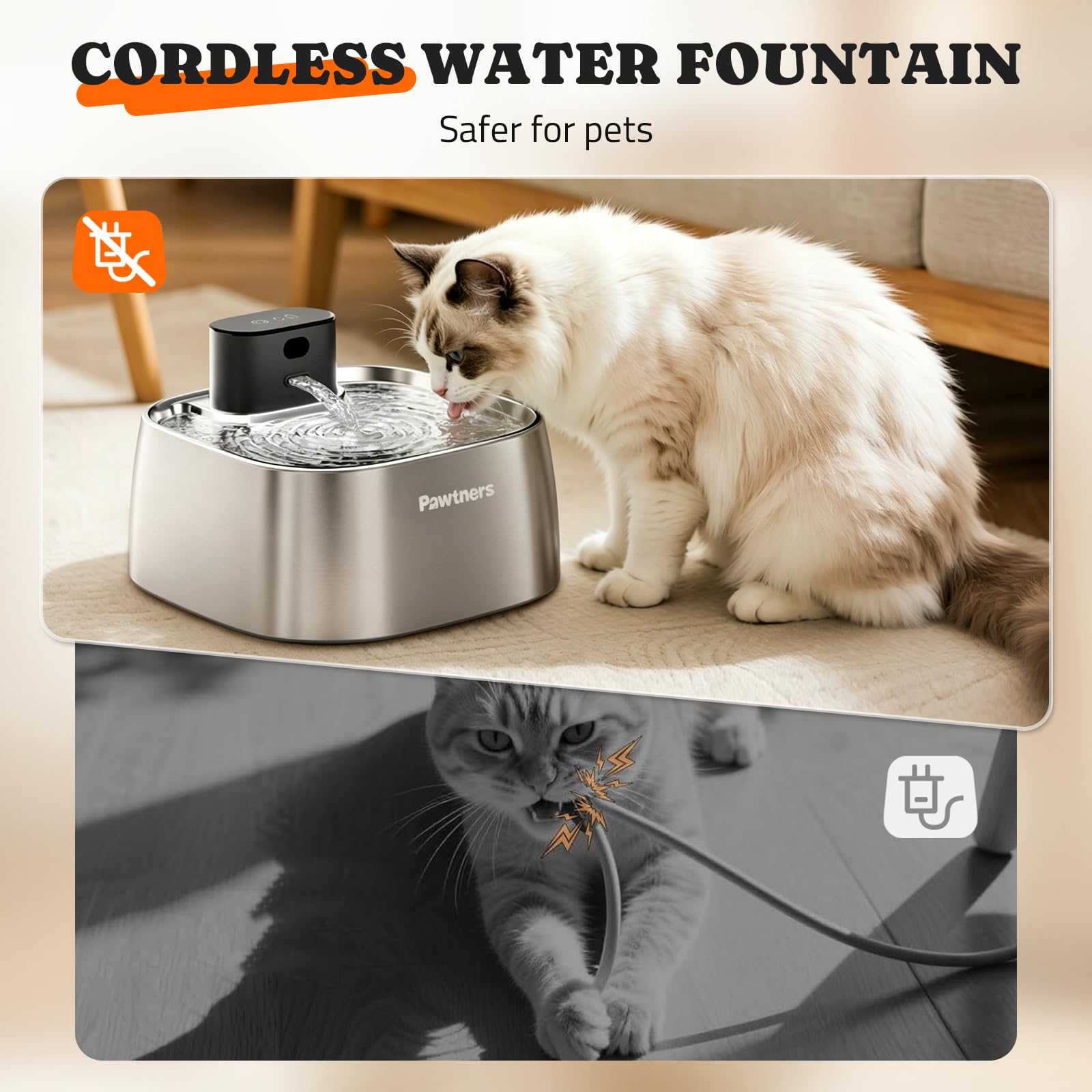 Pawtners, Fontana per gatti senza pompa, in acciaio inox, dispenser automatico di acqua senza fili, 3,2 l, con indicatore intelligente e sensore di movimento a 150°