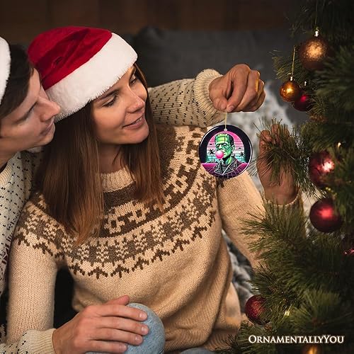 Miniatura 5 de Decoraciones colgantes espeluznantes para árbol de Halloween y decoración del hogar (Vaperwave Frankenstein - Adorno retro de terror de neón, estilo