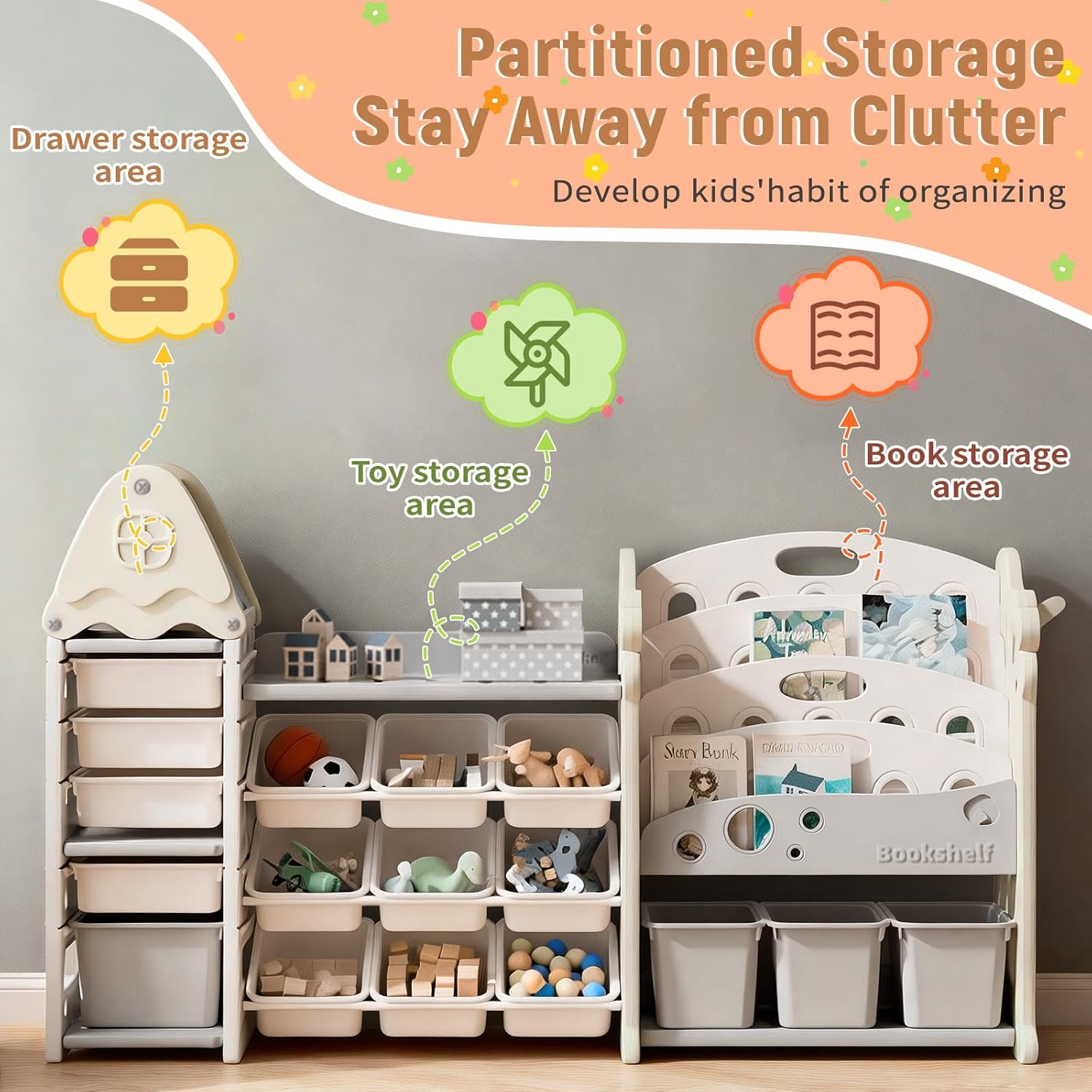 Pipleo Kids Toy Storage Organizer with 17 Removable Bins, 4-Tier Bookshelf for Kids, Multi-Purpose Castle-Shaped Toy Organizer for Playroom, Bedroom, Nursery, Living Room (Beige)