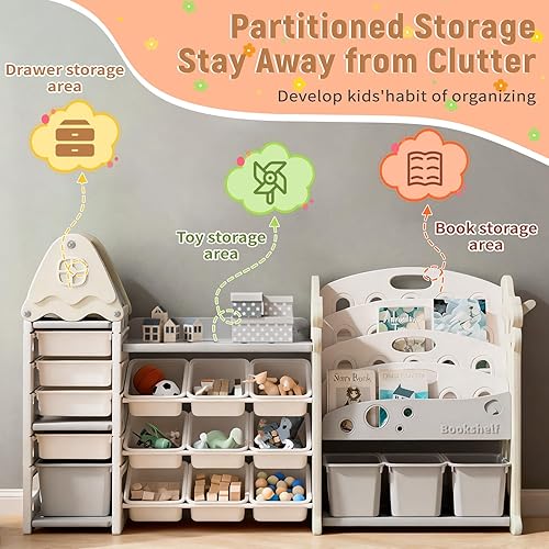 Miniatura 4 de Pipleo Organizador de almacenamiento de juguetes para niños con 17 contenedores extraíbles, estantería de 4 niveles para niños, organizador de