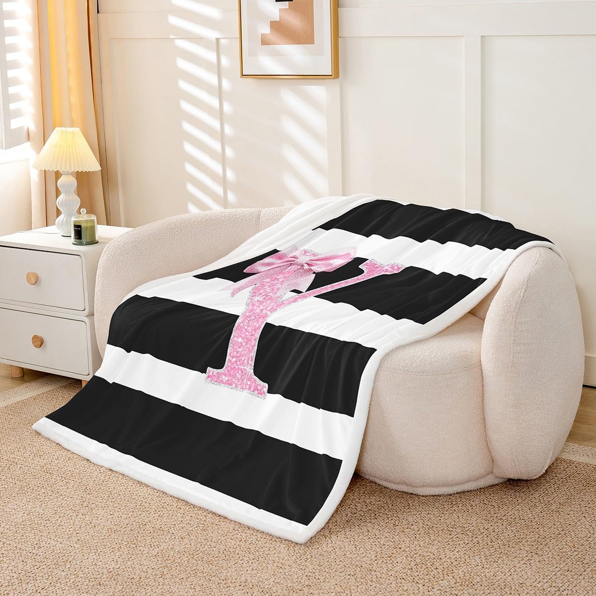 Erosebridal Monogram Letter C Kids Fuzzy Plush Throw Pink Bow Fleece Blanket Twin Size Personalized Glitter Initial Sherpa Blanket for Girls Teens Women Black White Stripes Decor for Sofa Couch