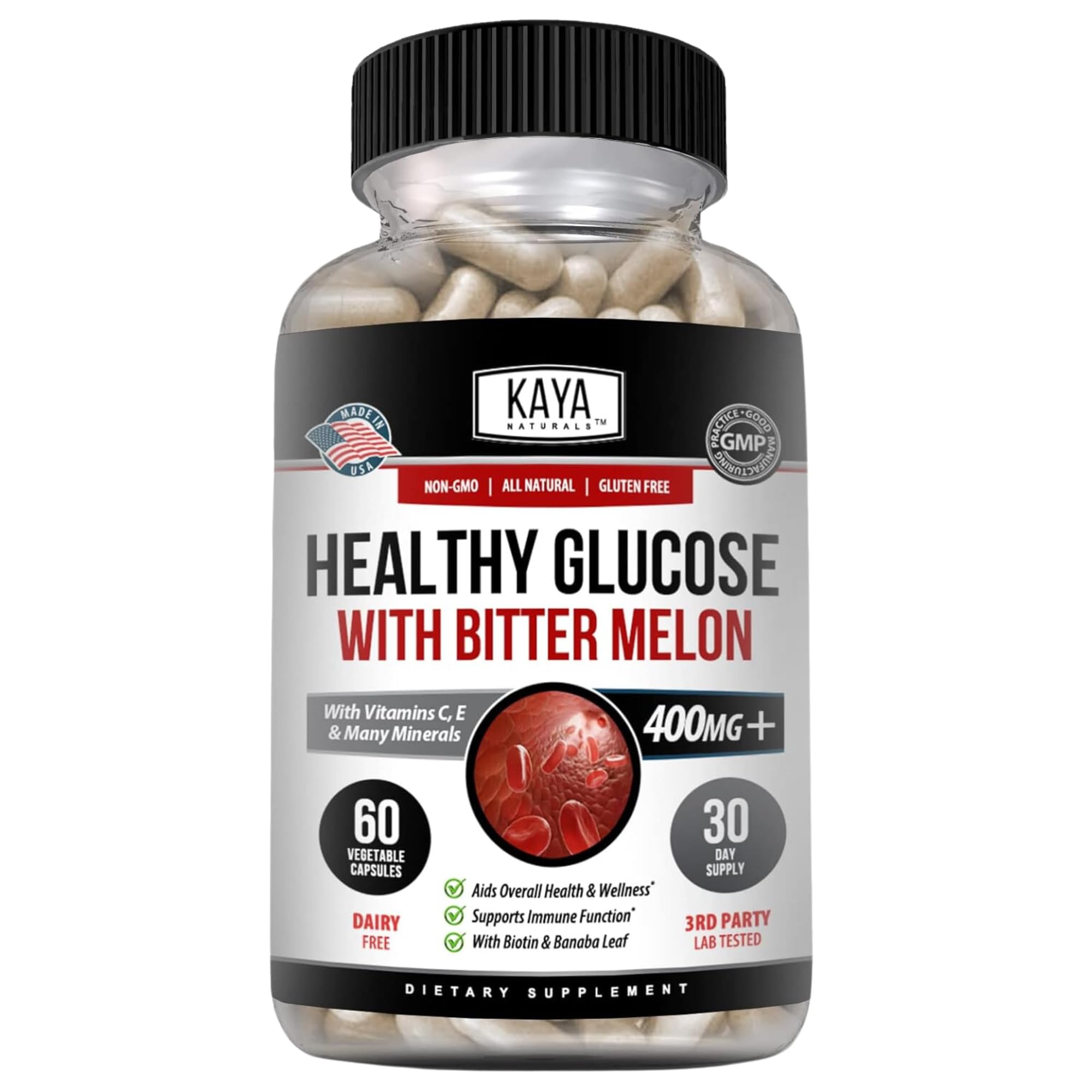 Kaya Naturals Healthy Gluco with Bittermelon Supplement | Support Healthy Levels and Function, 20 Herbs Vitamins and Minerals, Alpha Lipoic Acide, Cinnamon, Vitamin C & E, Non-GMO (60 Count)