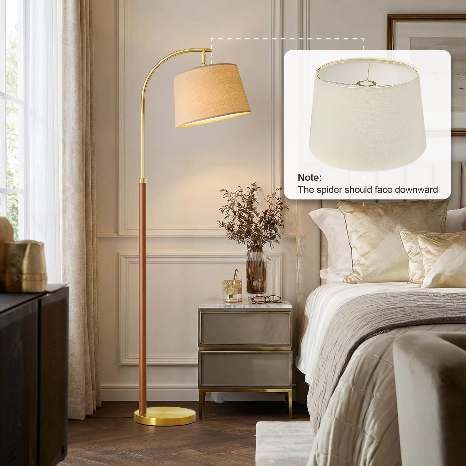 62.5" Wood Floor Lamp for Living Room Gold with Foot Switch Arc Standing Tall Lamps for Bedroom Mid Century Modern Corner Floor Lamps for Office Nursery Industrial Reading Light Room Lamp