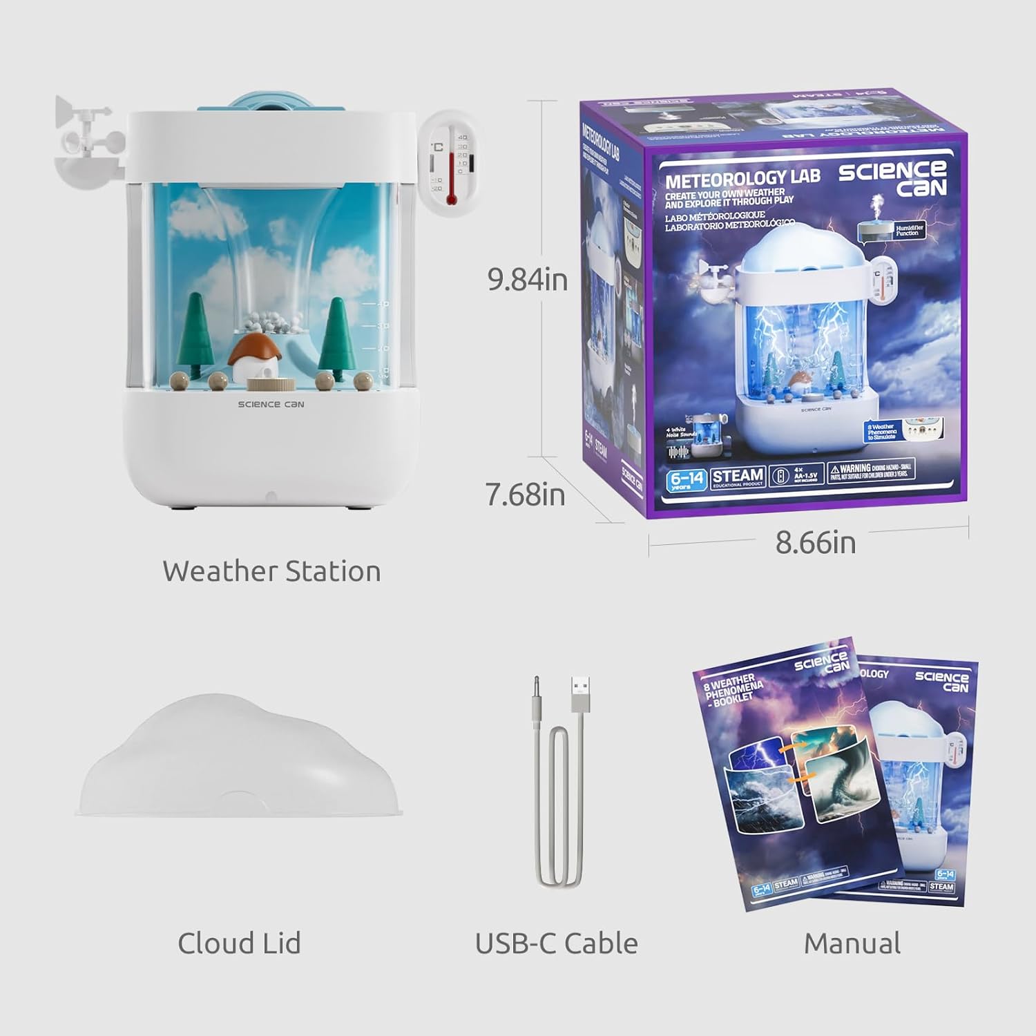 Science Can STEM Kits for Kids Age 6-8, Multifunctional 3-in-1 Weather Station for Kids, Educational Science Kits with 8 Weather, Cool Humidifier & White Noise Mode, Birthday Gifts for Girls & Boys