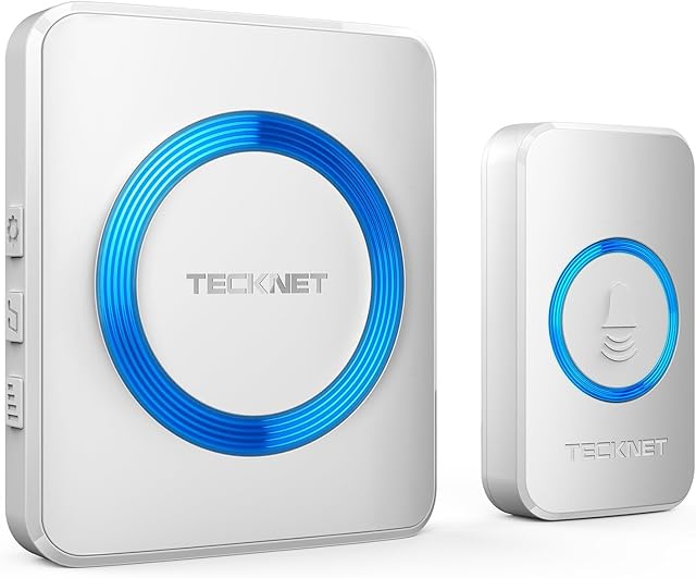 TECKNET Wireless Doorbell, Waterproof Wall Plug-in Cordless Door Chime Kit with 1300feet / 400m Range, 38 Chimes, 5-Level Volume & Blue Light, Best for Plug in Door Entry Bell