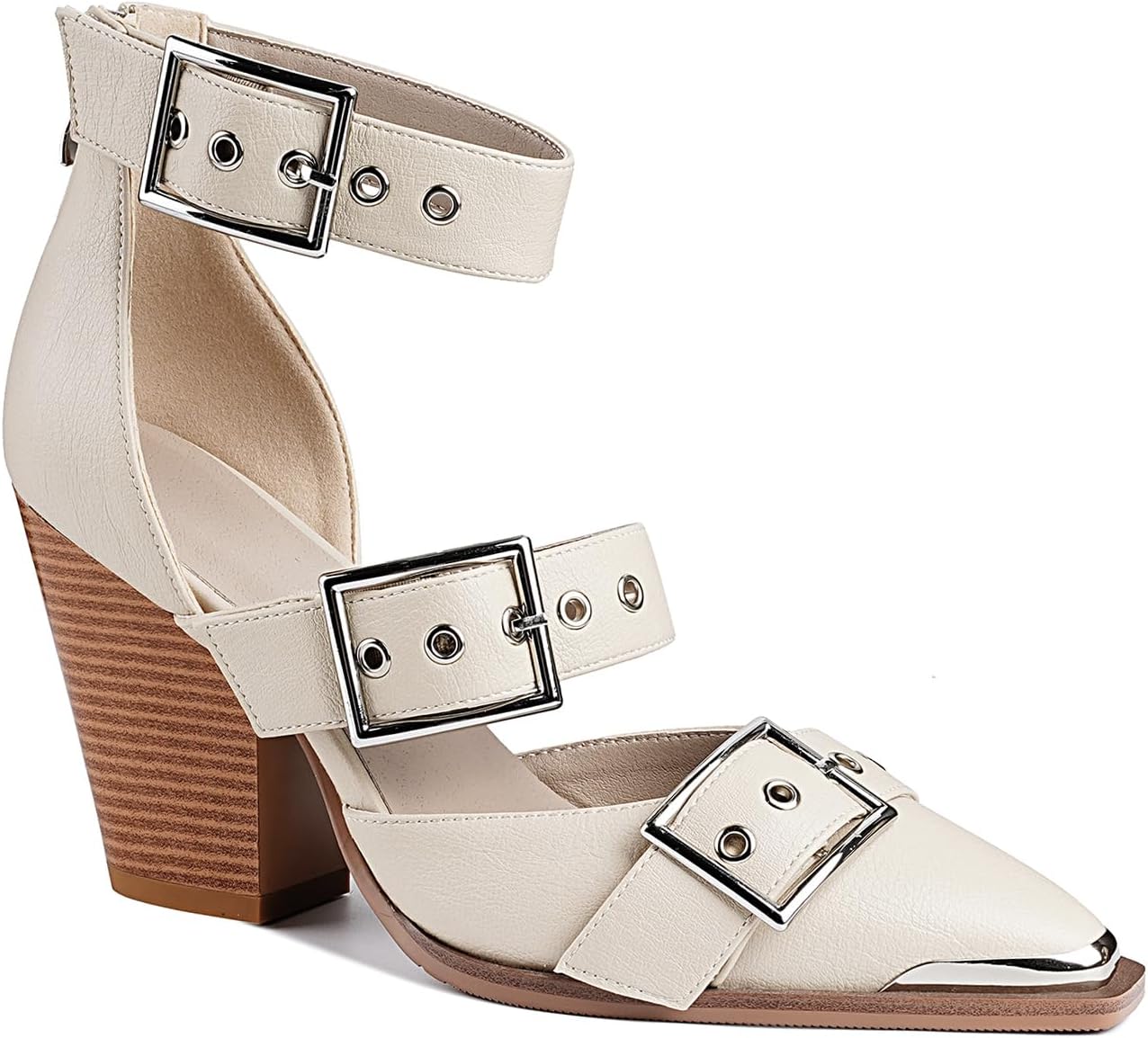 Western Sandals for Women Chunky Wedge Heels Pointed Toe Pumps Ankle Strap Metal Buckle Strappy Heels Comfortable Fashion Casual Dress Shoes 8.5 Beige image 4 of 7 B0F47XSPYV