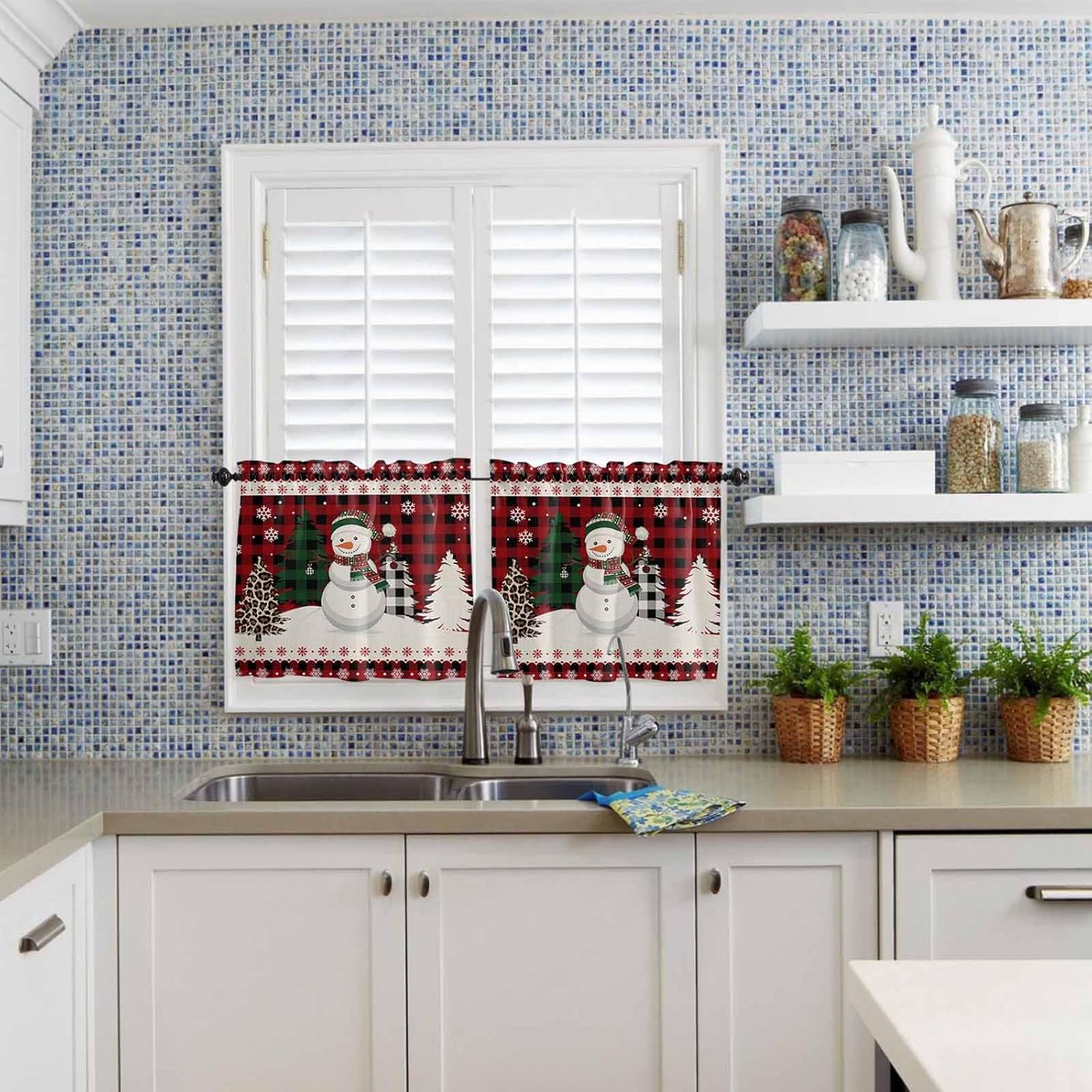 Christmas Snowman Valance and Tier Set of 3,Xmas Tree Window Curtain Rod Pocket Vlances for Kitchen,Retro Red Buffalo Plaid Privacy Panel Drapes Light Filtering Short Curtains for Bedroom