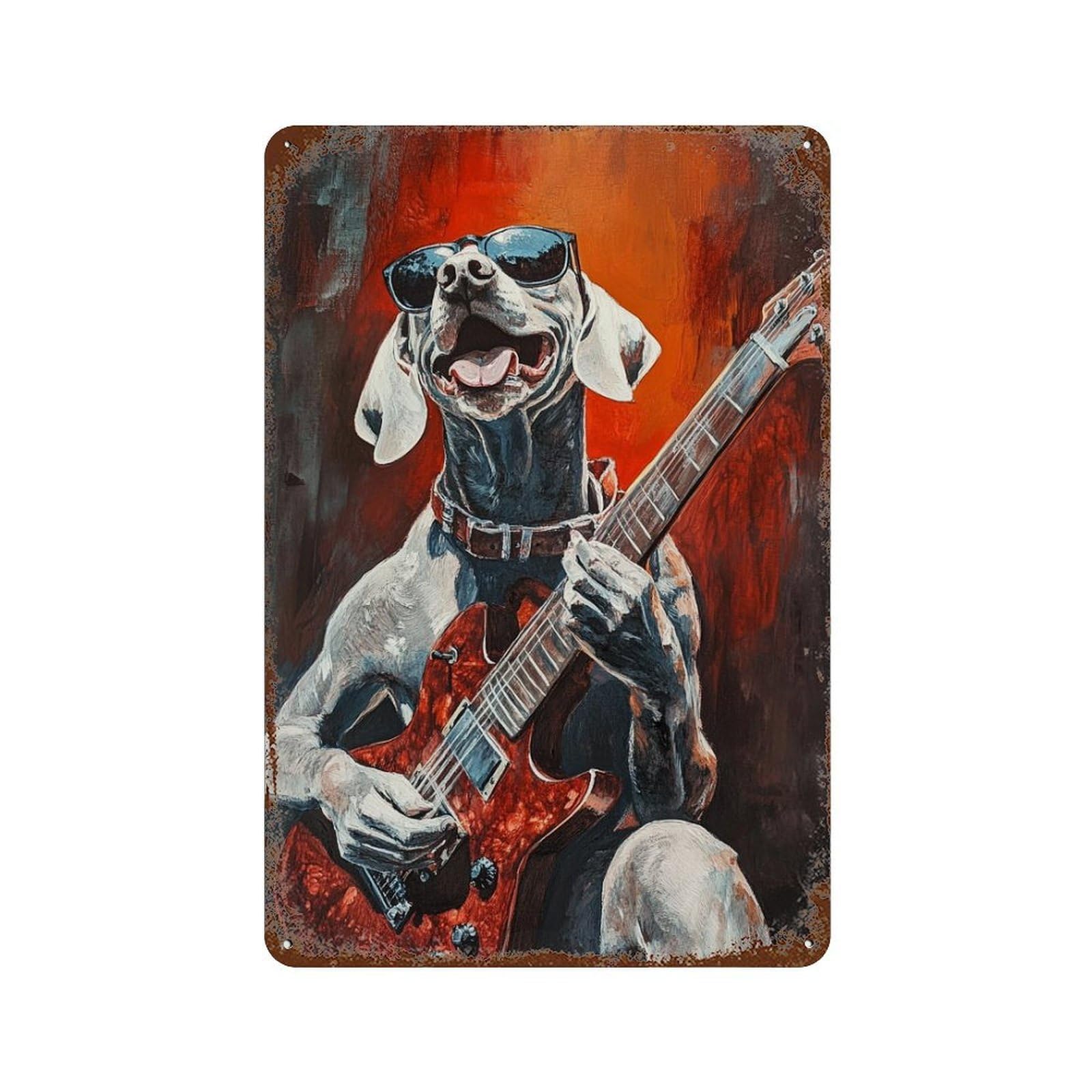 Distressed Metal Wall Sign with Rock Star Dog Guitarist -3 Design 11.8"x7.9", for Farmhouse, Kitchen And Entryway Decor, Old School Wall Decor