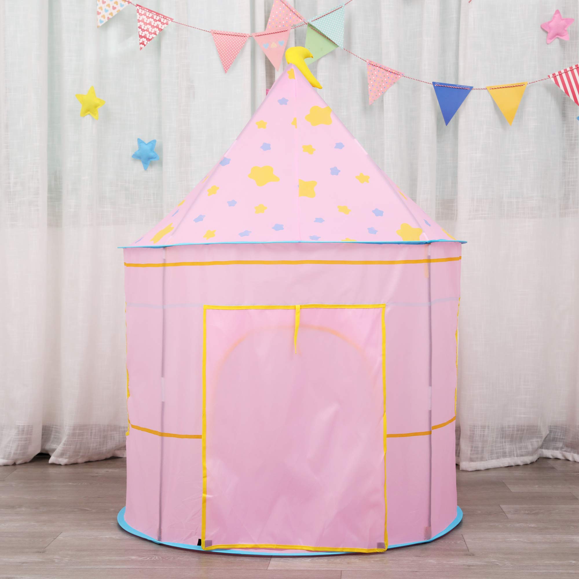 Carpa para niños,con Luces de Estrellas Castillo,Tienda para Niños, Playhouse Toy para Juegos de Interior y Exterior,Navidad & Cumpleaños Regalos para Niños Chico Niña (Rosa Luna)