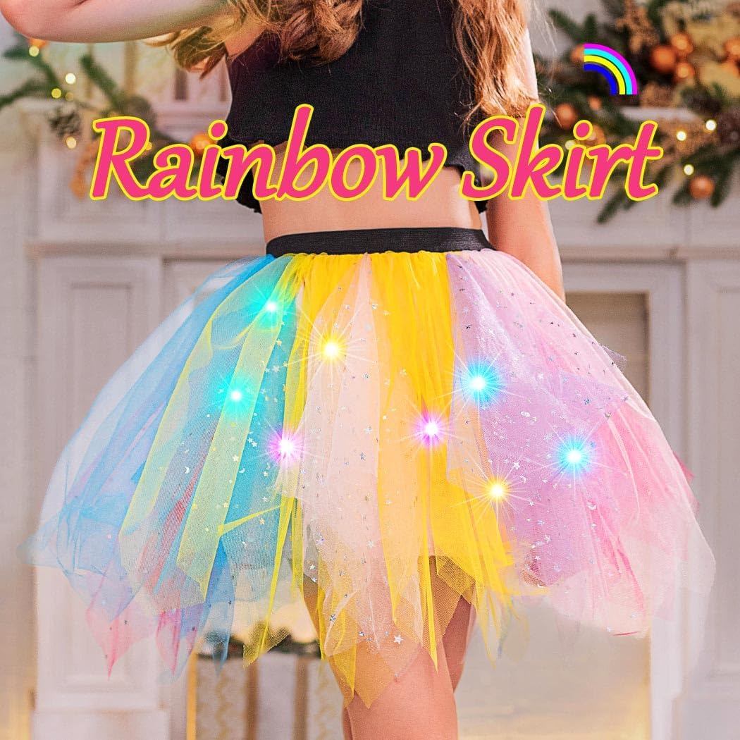 REETAN Light up Rainbow Tutus Skirt Sparkly LED Tutu Glow Costume for Girls