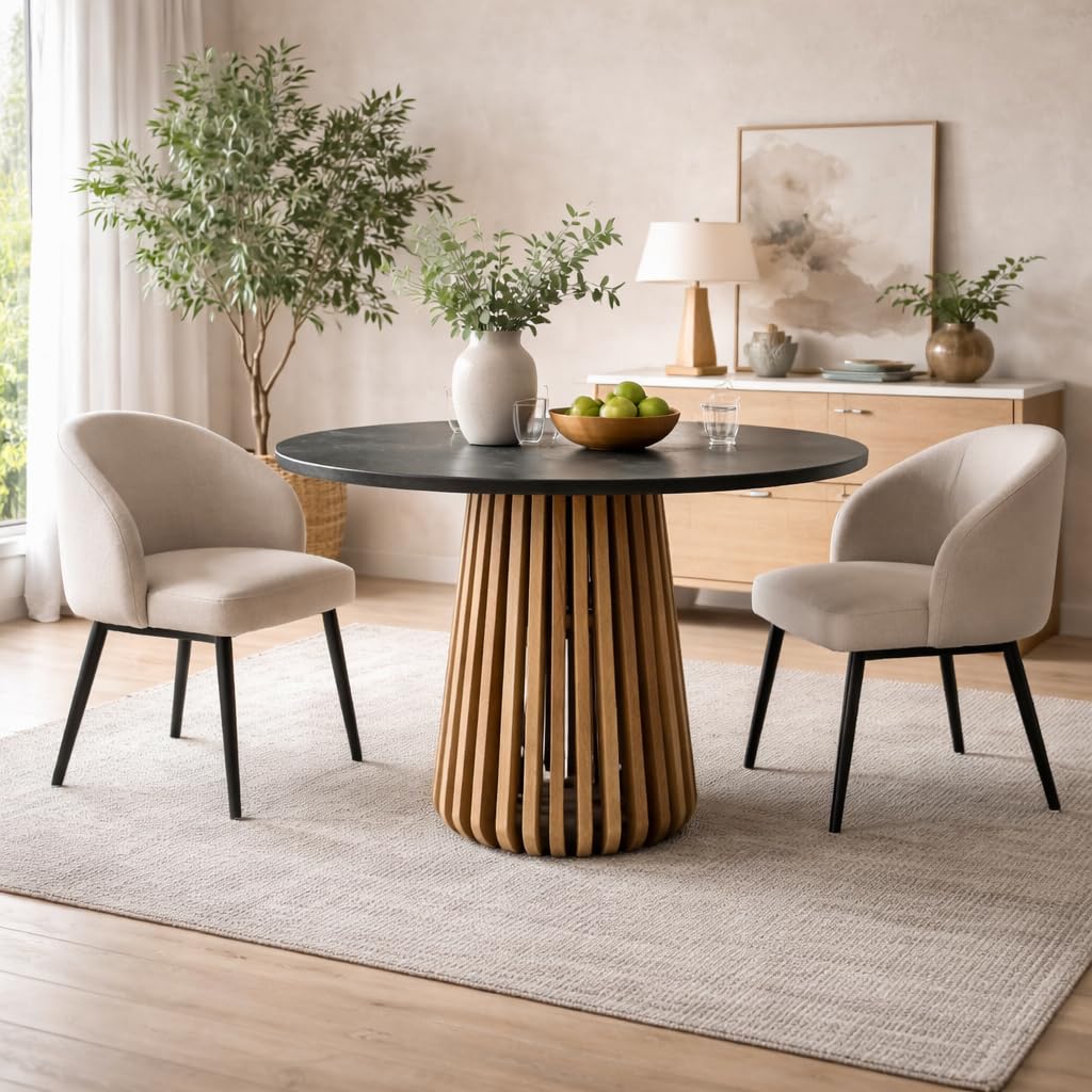 Round Marble Top Dining Table | 4 Seater Round Table Only | Solid Wooden Slatted Base | Luxury Dining Furniture for Home, Kitchen & Dining Room (Dia 100 cm, Height 76 cm)