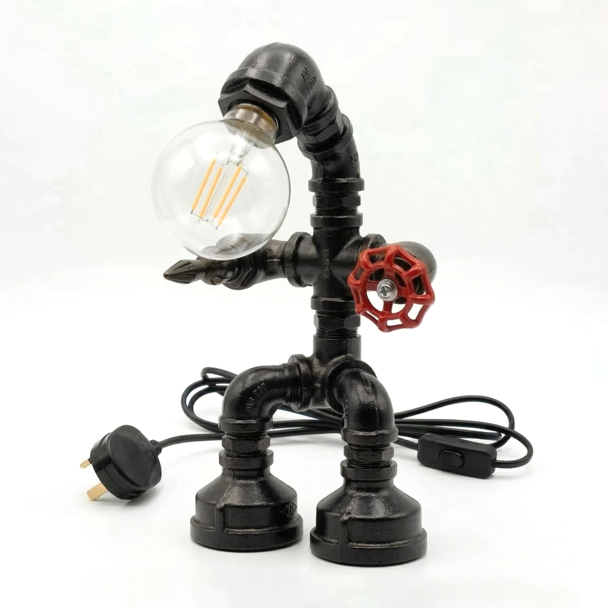 LEDSone Industrial Retro Steampunk Robot Style Table Lamp Vintage Metal E27 Bedside Water Pipe Desk Light Rustic Desk Lamp for Bedroom, Office, Nightstand, Bar, Café (Robot Style Black)