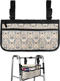Black Baroque Wheelchair Side Bag Walker Bag, Vintage European Floral Pattern Wheelchair Accessories Armrest Pouch, Organizer Storage Bag for Walkers, Rollators, Scooters, 7.3'x13'