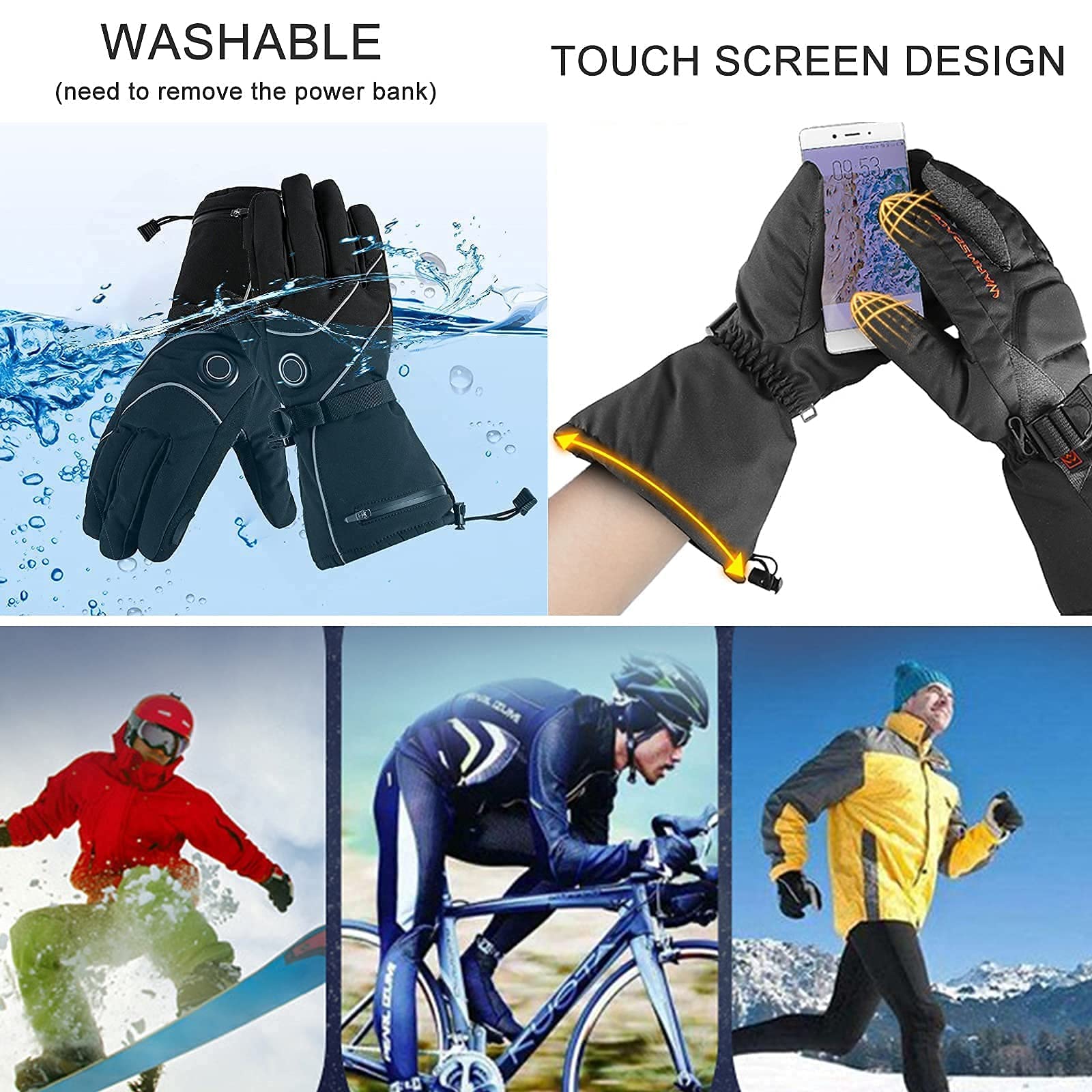 Senderismo Esquí Guantes calefactores Inteligentes, Guantes térmicos para Invierno al Aire Libre con Pilas, Calentadores de Manos Calientes 3 Niveles de Calentamiento, para Hombres