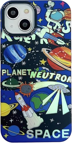 Funda bonita para iPhone 14 Plus, diseño de astronauta espacial planeta y cohete con purpurina láser, elegante parachoques a prueba de golpes