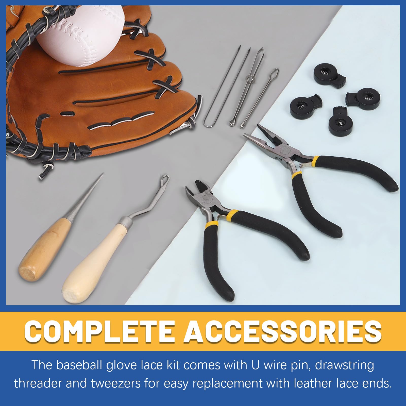GLARKS Kit d'entretien de gants de baseball comprenant 2 lacets en cuir de 200 cm, 4 verrous de gants, 5 outils de laçage et 2 pinces pour gants de baseball, softball