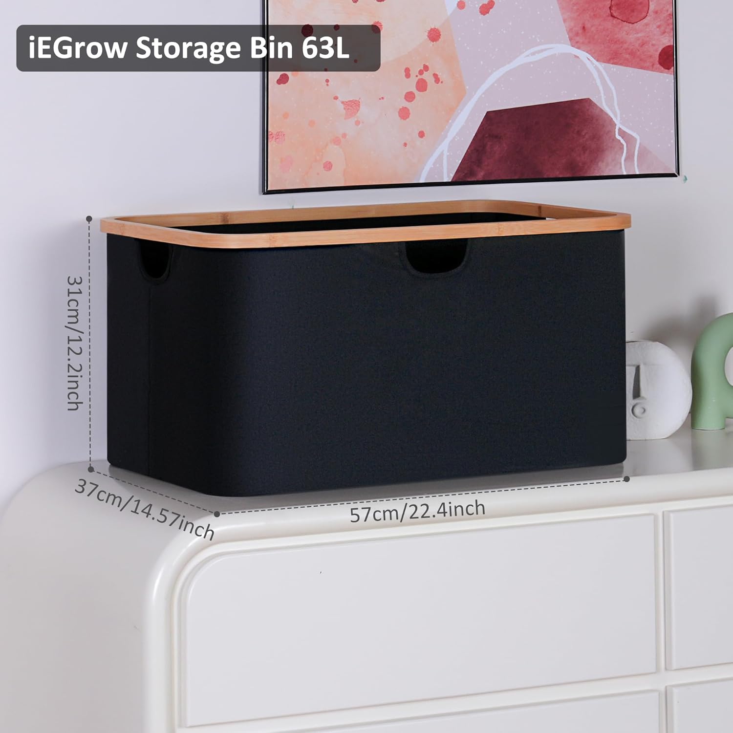 iEGrow Storage Bin,Large Collapsible Storage Baskets With Bamboo Handles, 63L Rectangle Closet Storage for Organizing Toys, Books, Shelves, Closet,Black.