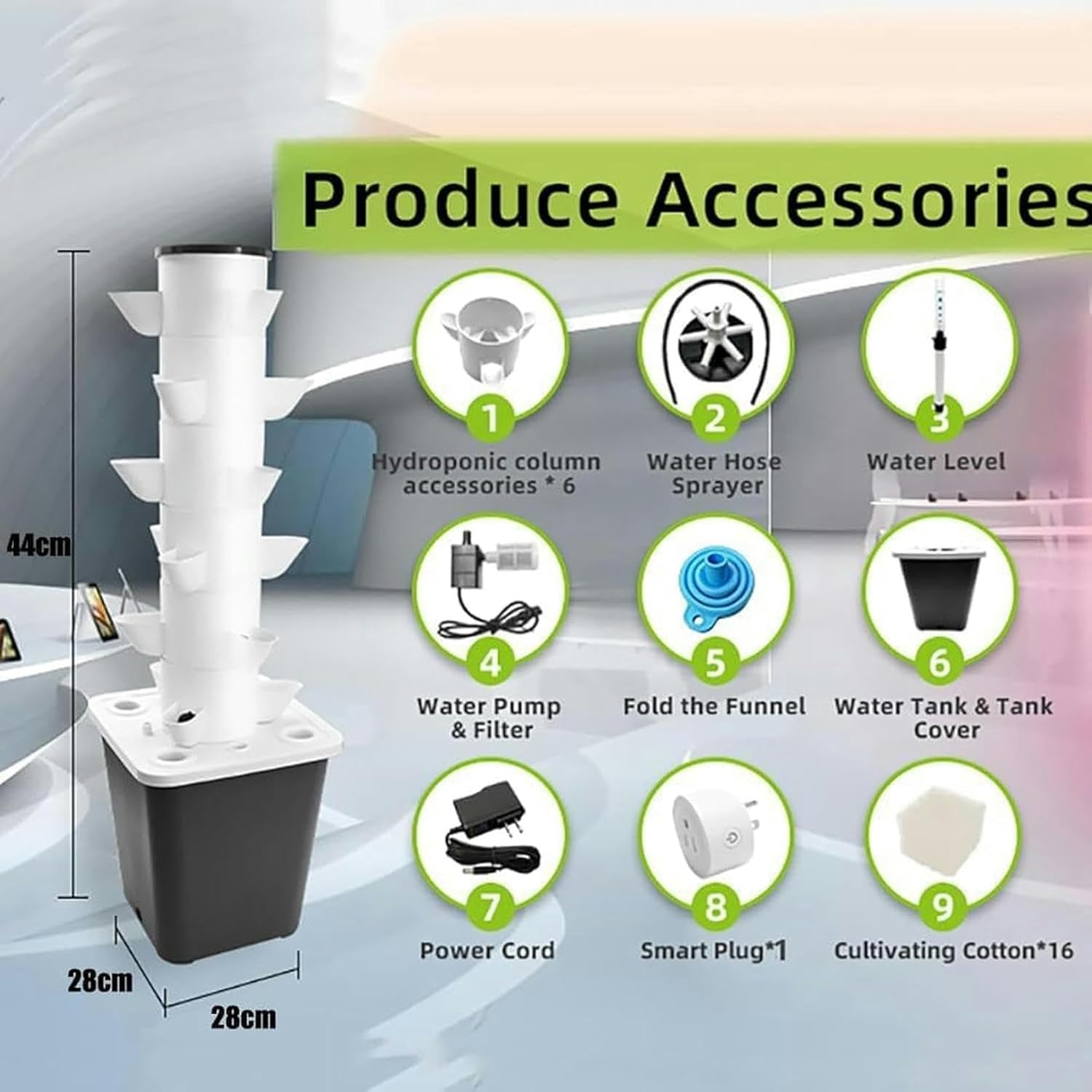 Hydroponics Tower, Garden Hydroponic Growing System Aeroponics Growing Kit for Herbs, Fruits and Vegetables with Hydrating Pump, Adapter, Net Pots, Timer for Fruits, Vegetables and Herbs 15holes