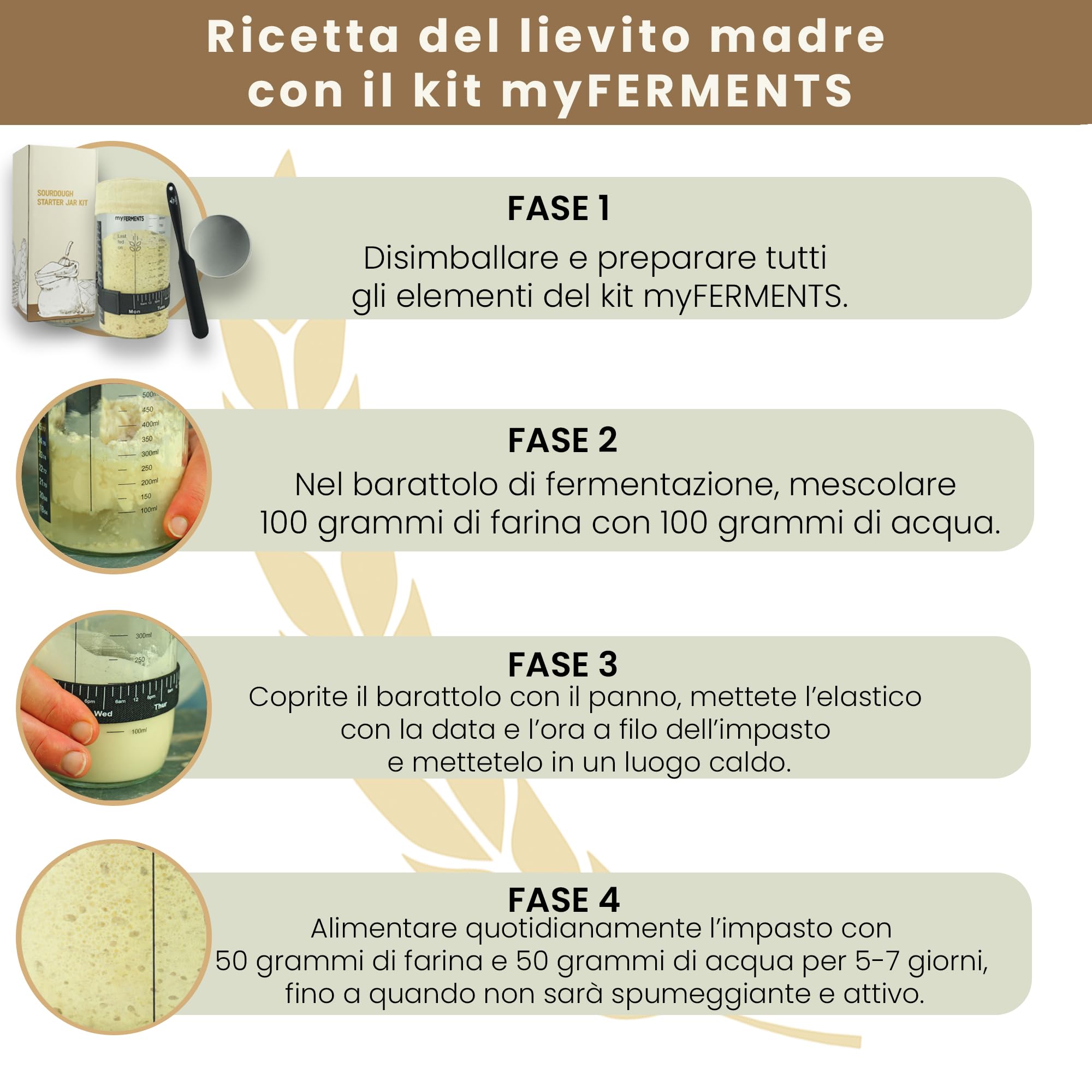 myFERMENTS - Barattolo per Lievito Madre 1000 ML | Kit Completo con Accessori | Contenitore in Vetro | Cinta Misuratrice e Termometro Inclusi | per Panificazione Casa