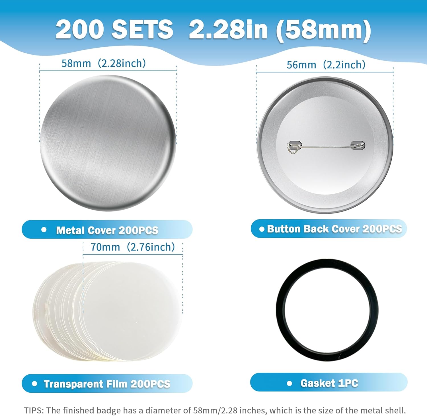 600 PCS Button Maker Supplies 58mm/2.28 inch Button Supplies, 200pcs Rust-Proof Metal Cover & Dutch Pin Back Cover & Clear Films for DIY Pin Badge Machine