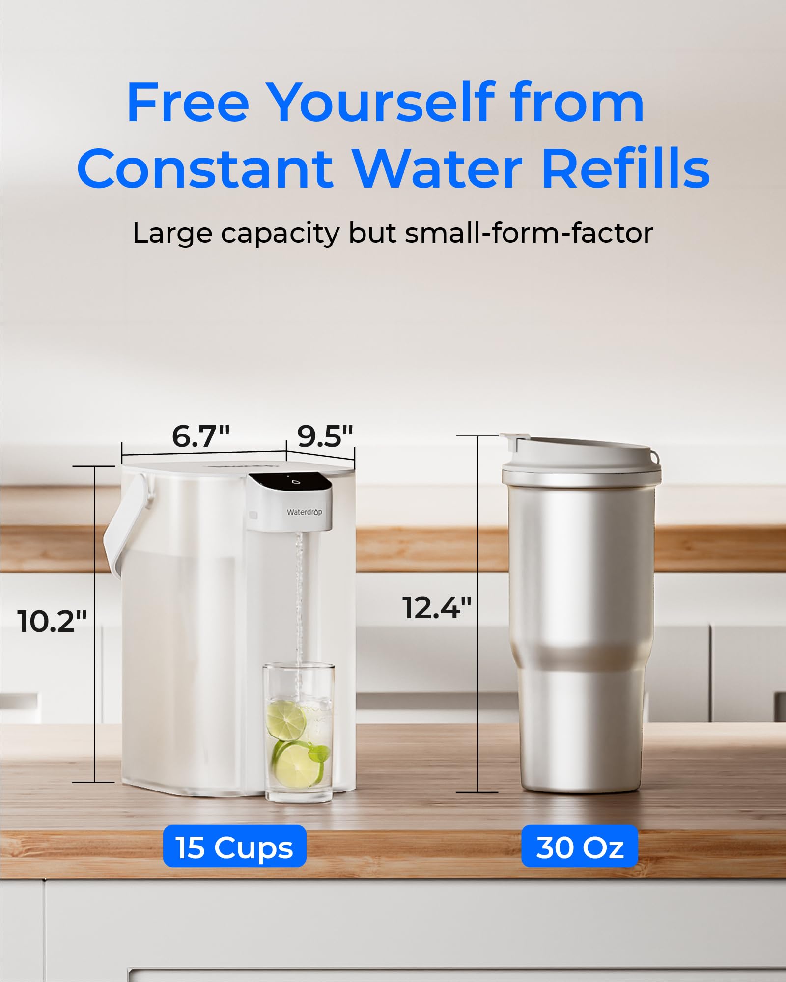 Waterdrop Caraffa filtrante elettrica istantanea con 4 filtri da 3 mesi, sistema di filtraggio dell'acqua da banco da 3,5 l, riduce cloro, piombo, mercurio, riduce PFAS, PFOA/PFOS, 757 litri, bianco